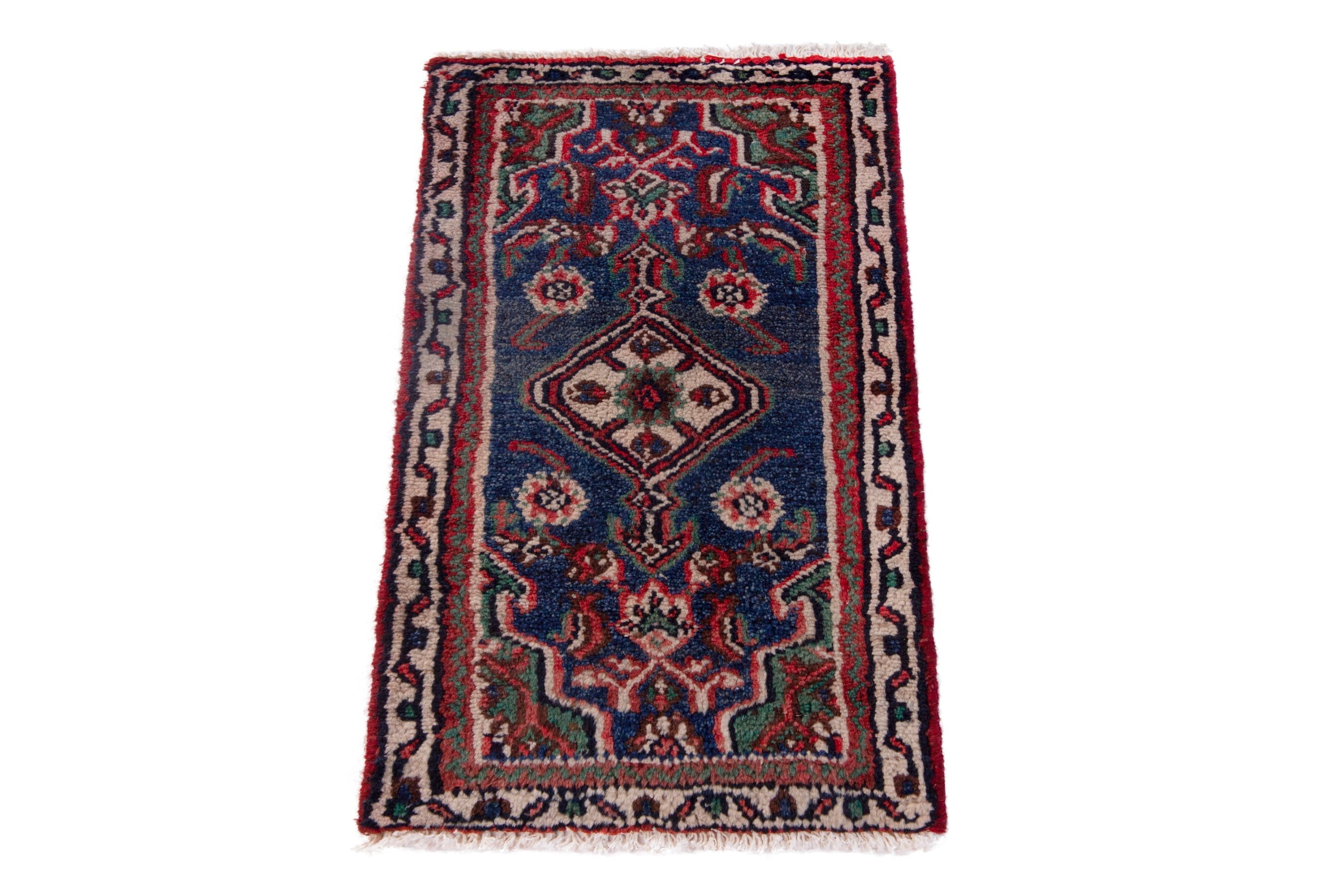 Persian Hamedan accent rug in navy and burgundy, view 2 of 7