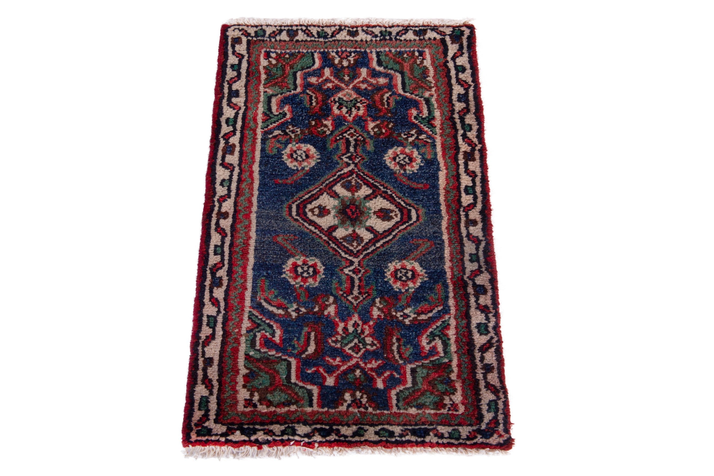 Persian Hamedan accent rug in navy and burgundy, view 3 of 7