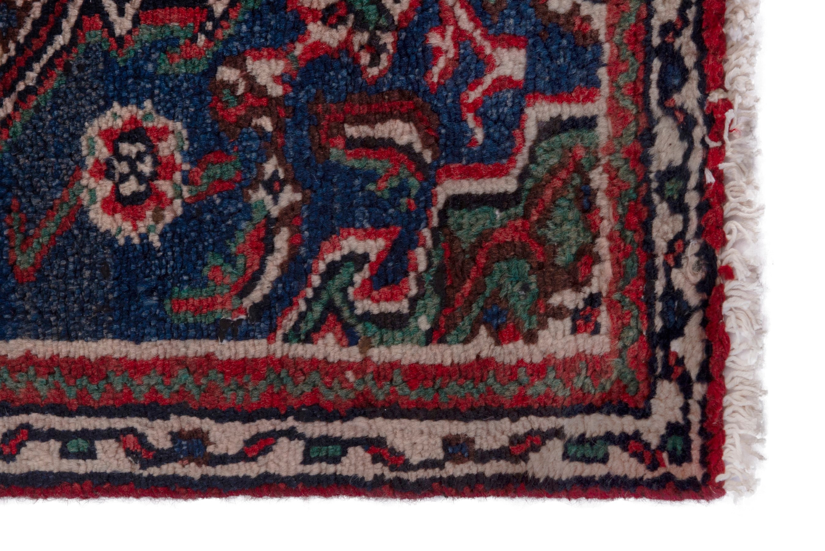 Persian Hamedan accent rug in navy and burgundy, view 4 of 7