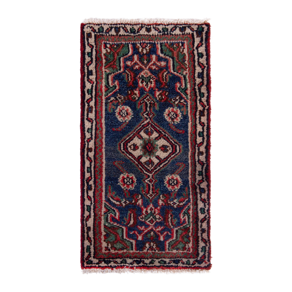 Persian Hamadan accent rug in navy and burgundy, 1'8" x 3'1"