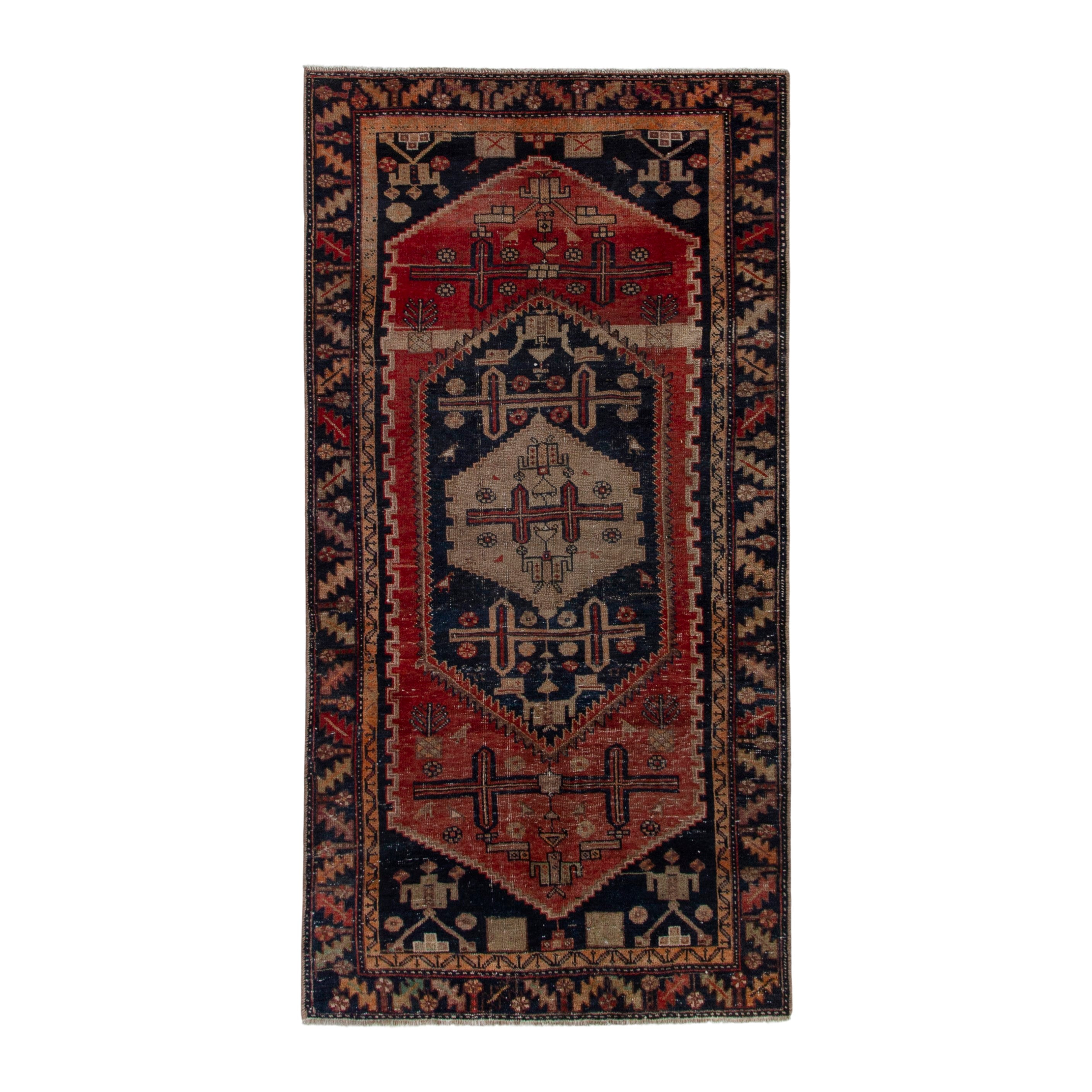 Persian Lori area rug in rust and dark blue, 4'2" x 8'6"