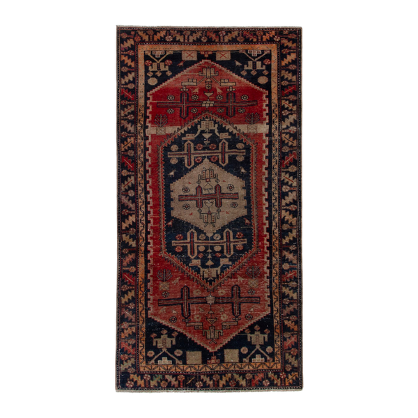 Persian Lori runner rug in rust and dark blue, 4'2" x 8'6"