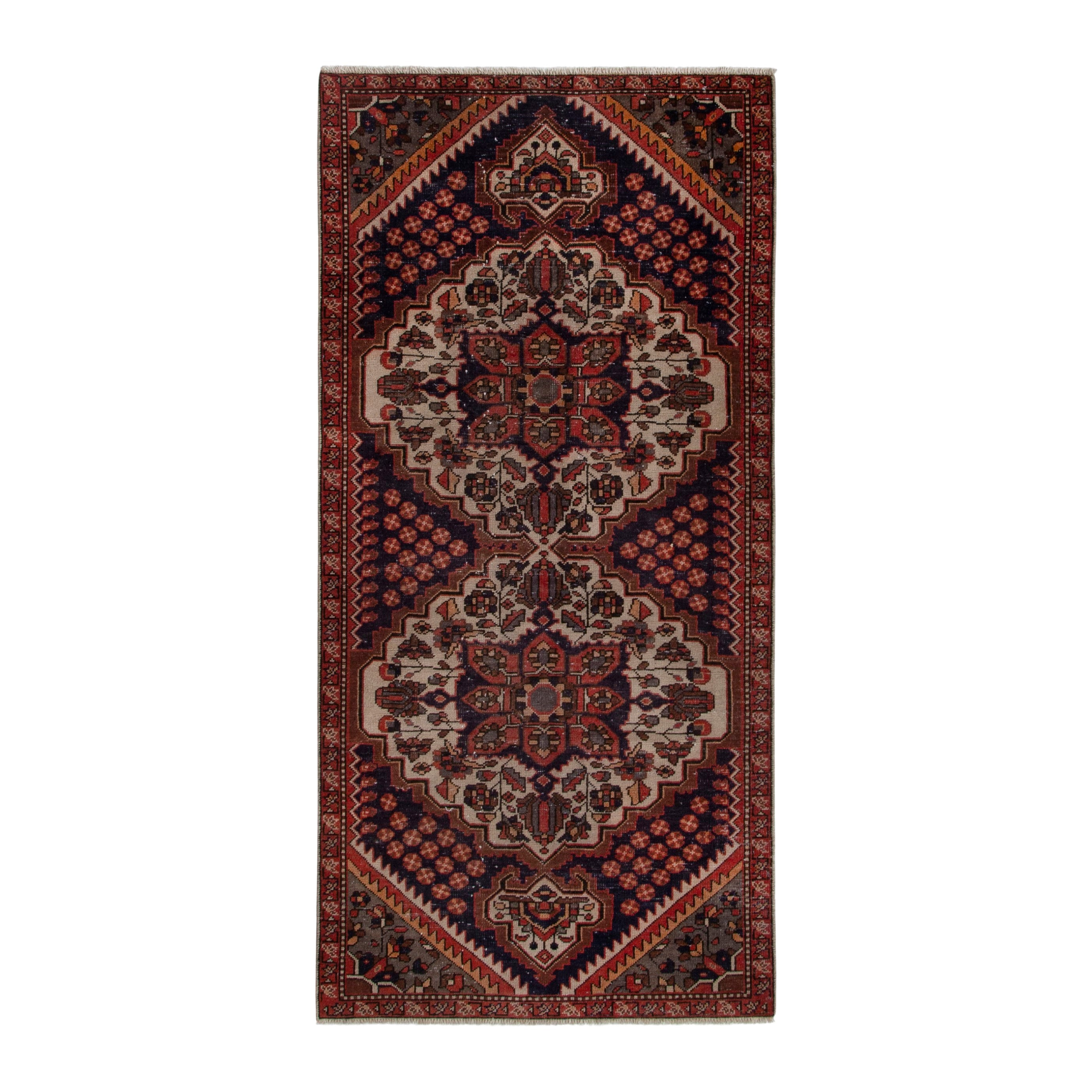 Persian Bakhtiari area rug in navy and cream, 4'2" x 8'11"