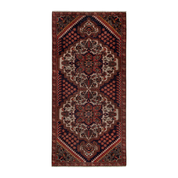 Persian Bakhtiari runner rug in navy and cream, 4'2" x 8'11"