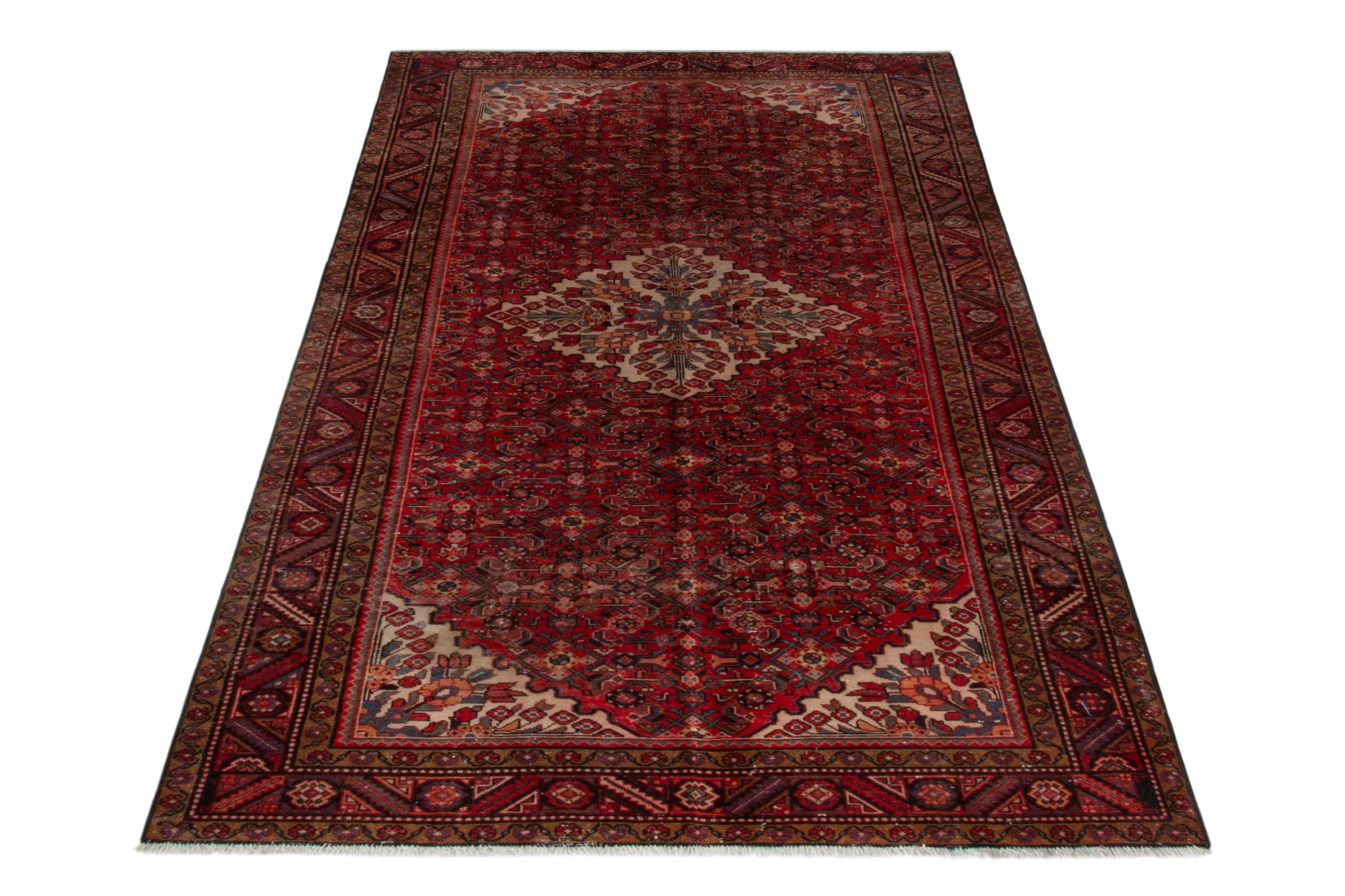 Persian Hamedan area rug in deep red and cream, view 2 of 18