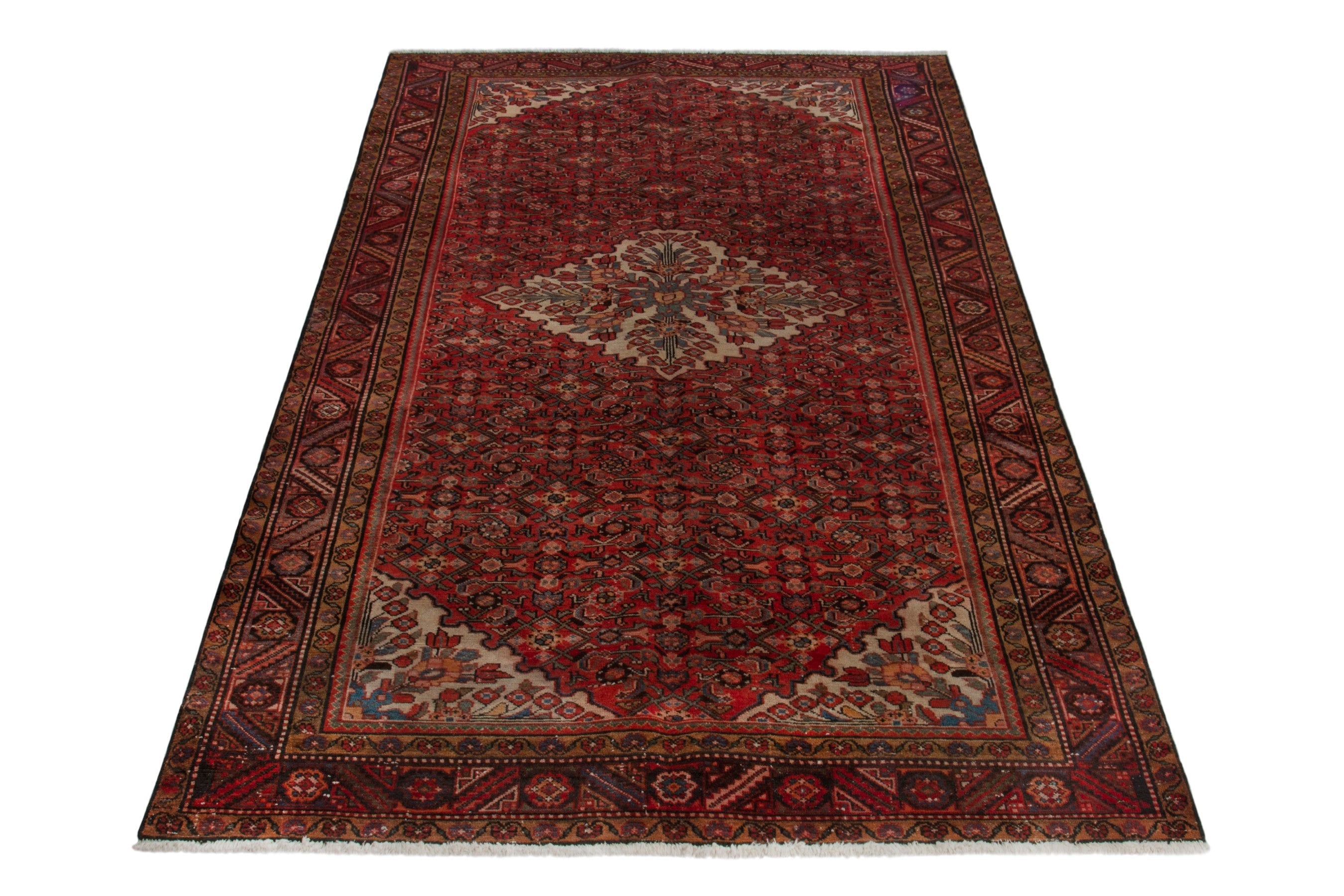 Persian Hamedan area rug in deep red and cream, view 3 of 18