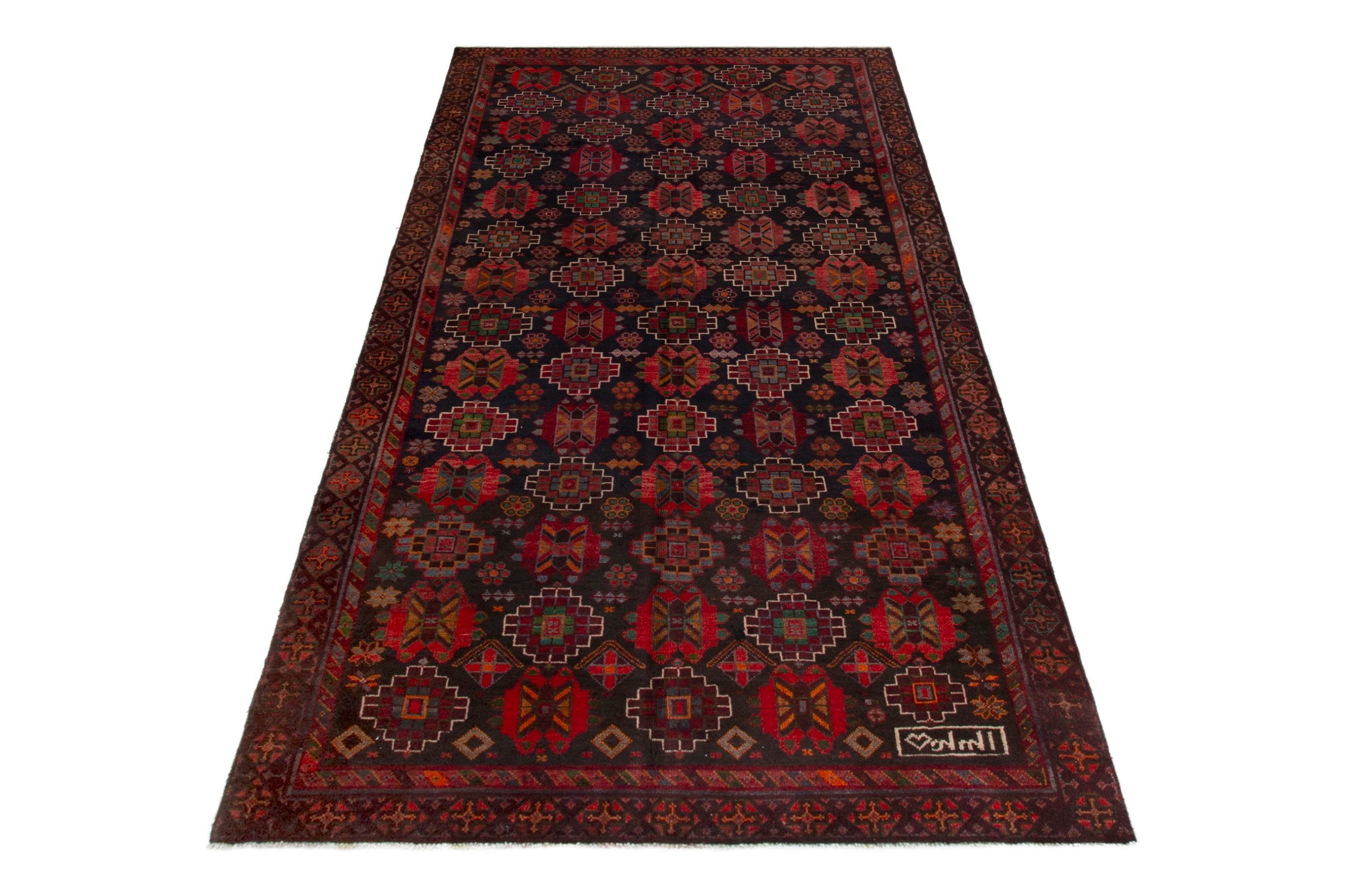 Persian Ferdos area rug in navy and deep red, view 3 of 20