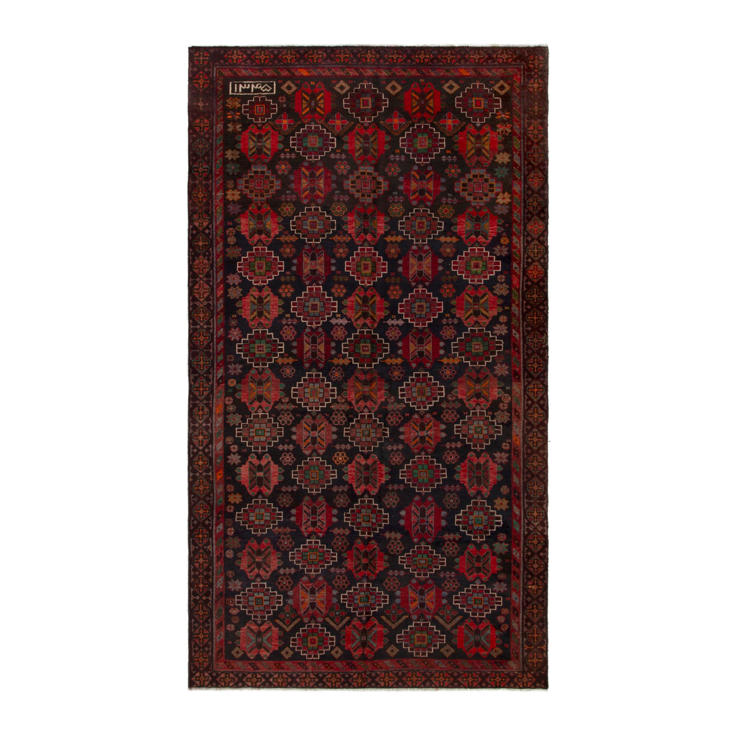 Persian Ferdos area rug in navy and deep red, 5'3" x 10'