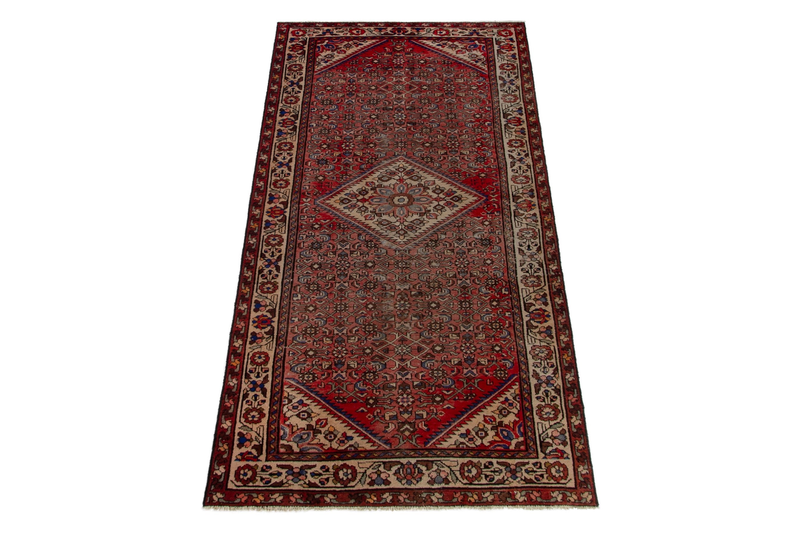 Persian Hamedan runner rug in deep red and cream, view 2 of 18