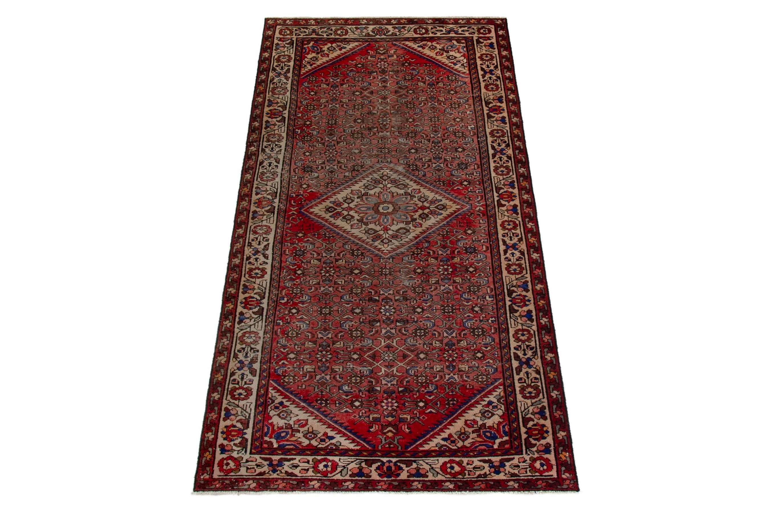 Persian Hamedan runner rug in deep red and cream, view 3 of 18