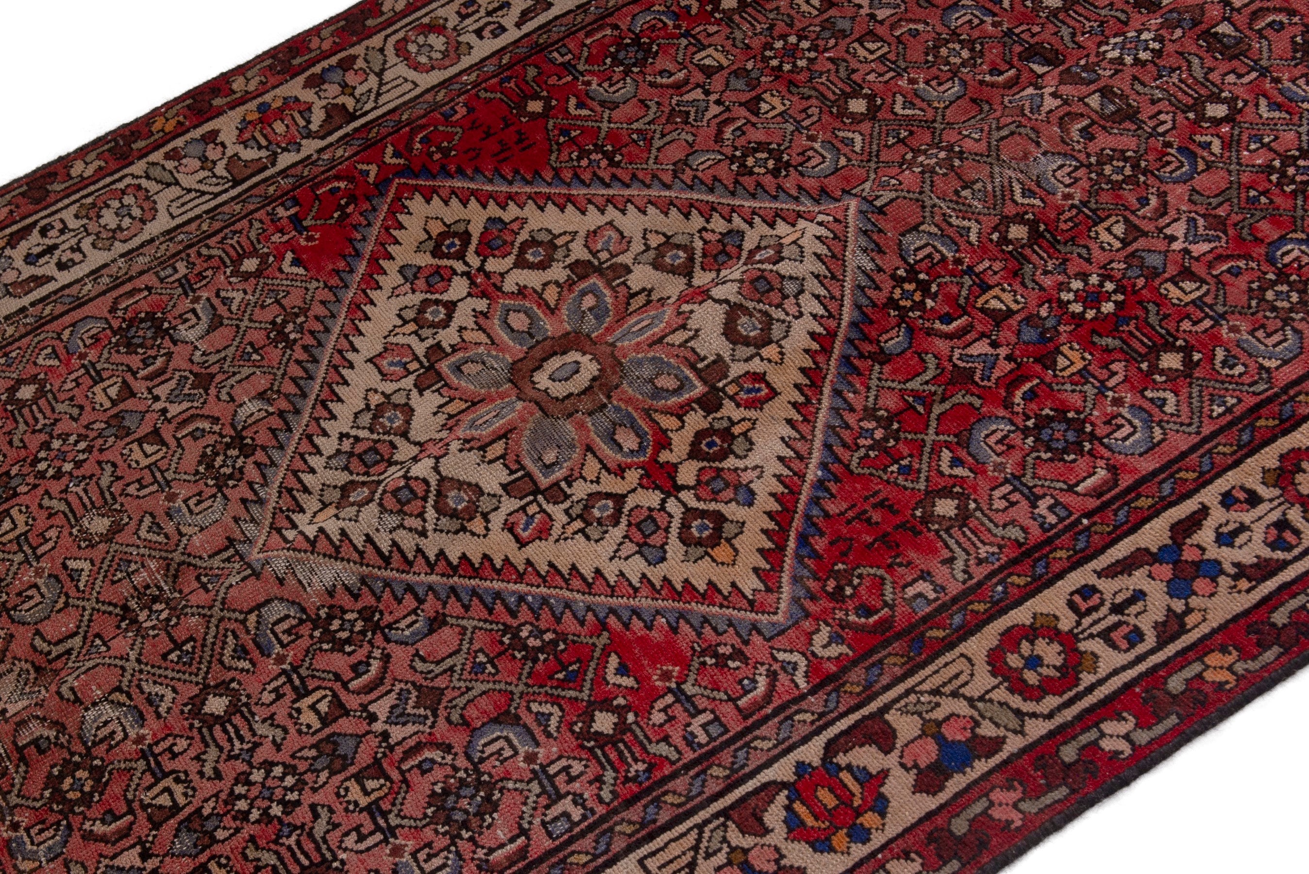 Persian Hamedan runner rug in deep red and cream, view 4 of 18