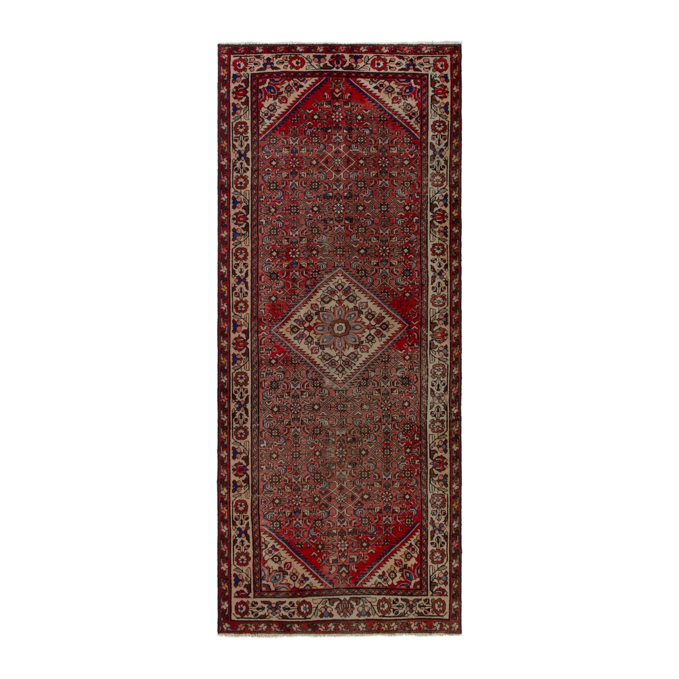 Persian Hamedan runner rug in deep red and cream, 3'11" x 9'11"