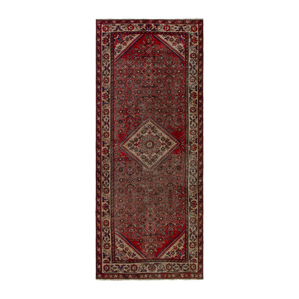 Persian Hamadan runner rug in deep red and cream, 3'11" x 9'11"