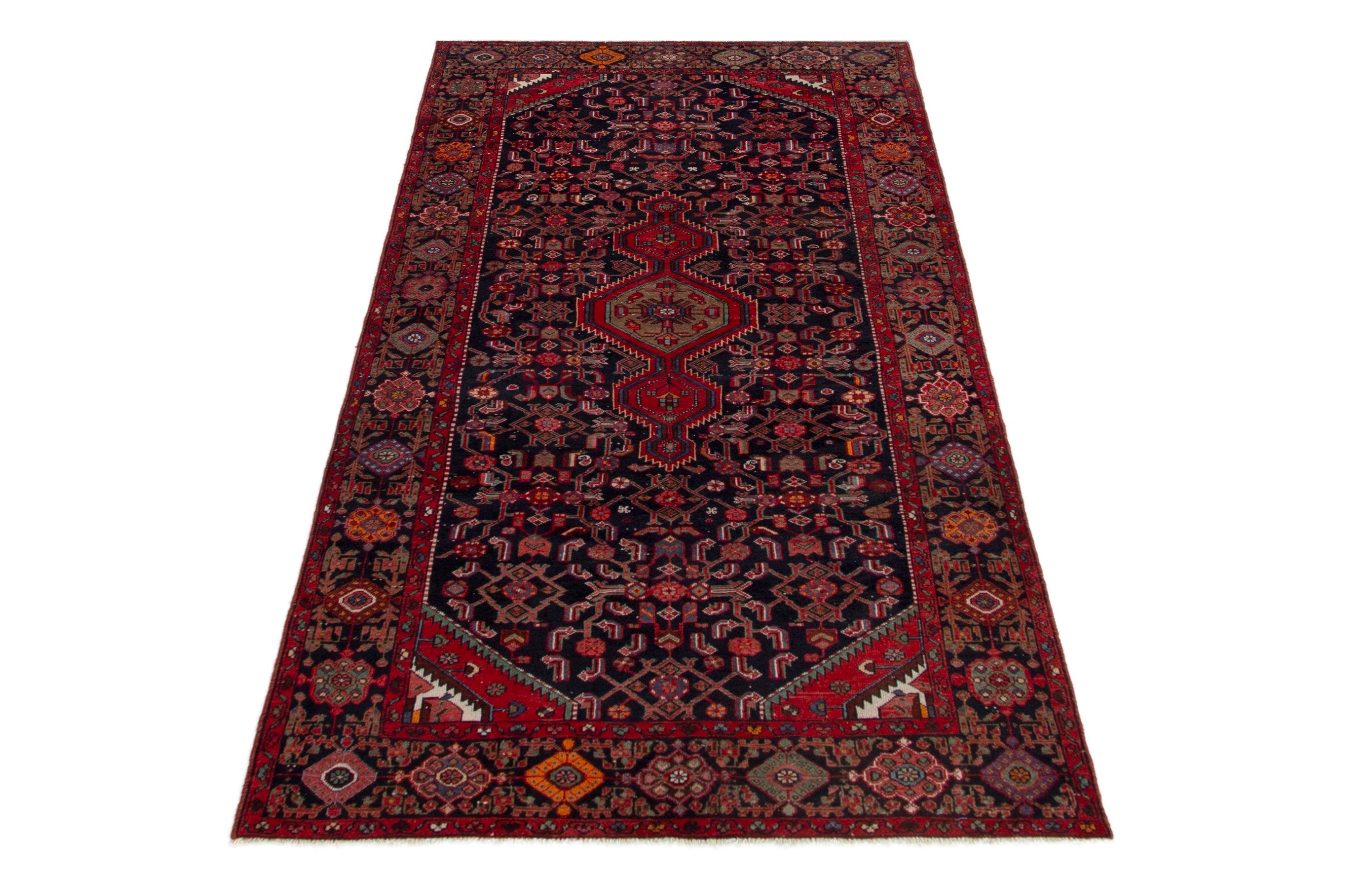 Persian Hamedan area rug in deep indigo and burgundy, view 2 of 19