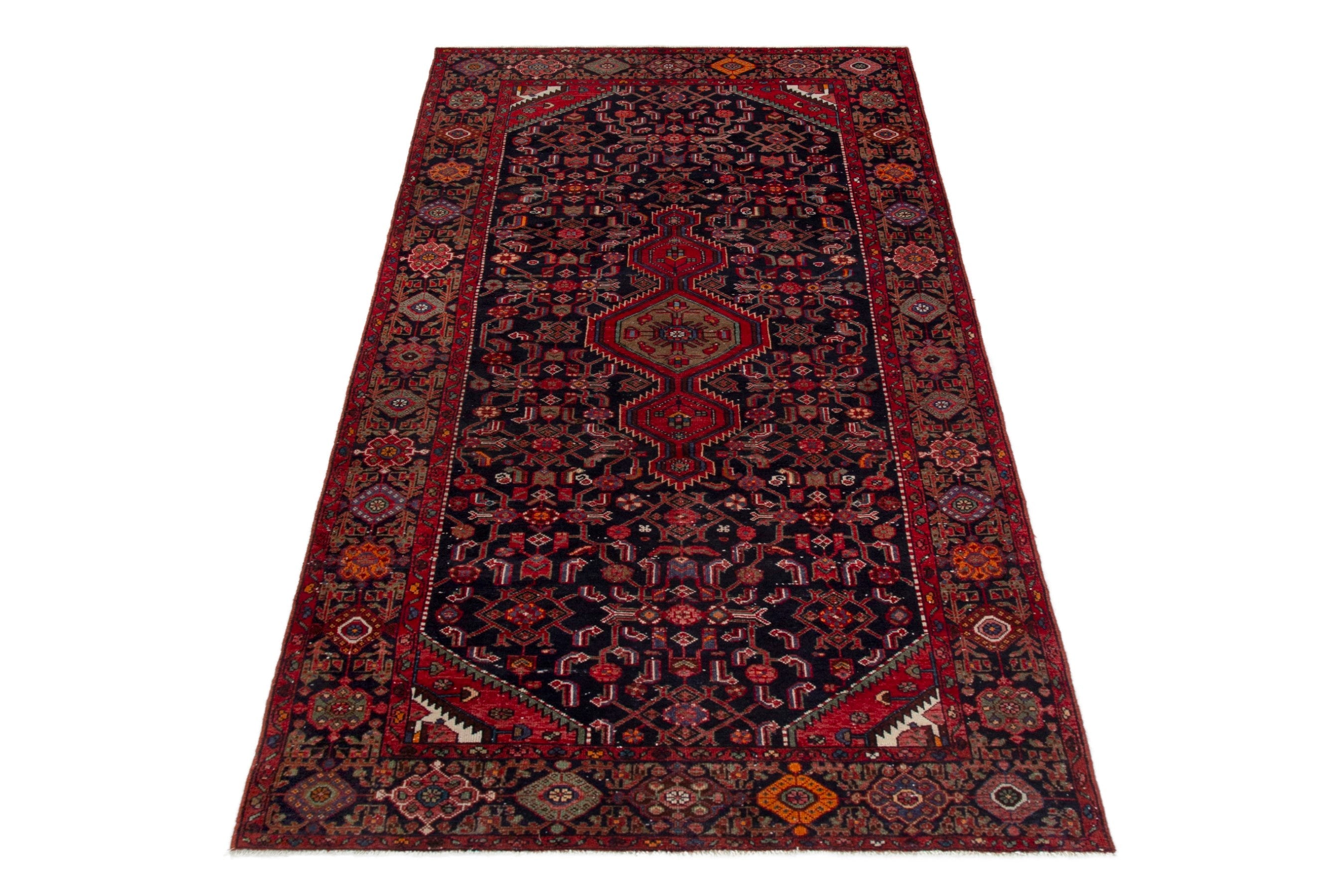 Persian Hamedan area rug in deep indigo and burgundy, view 3 of 19