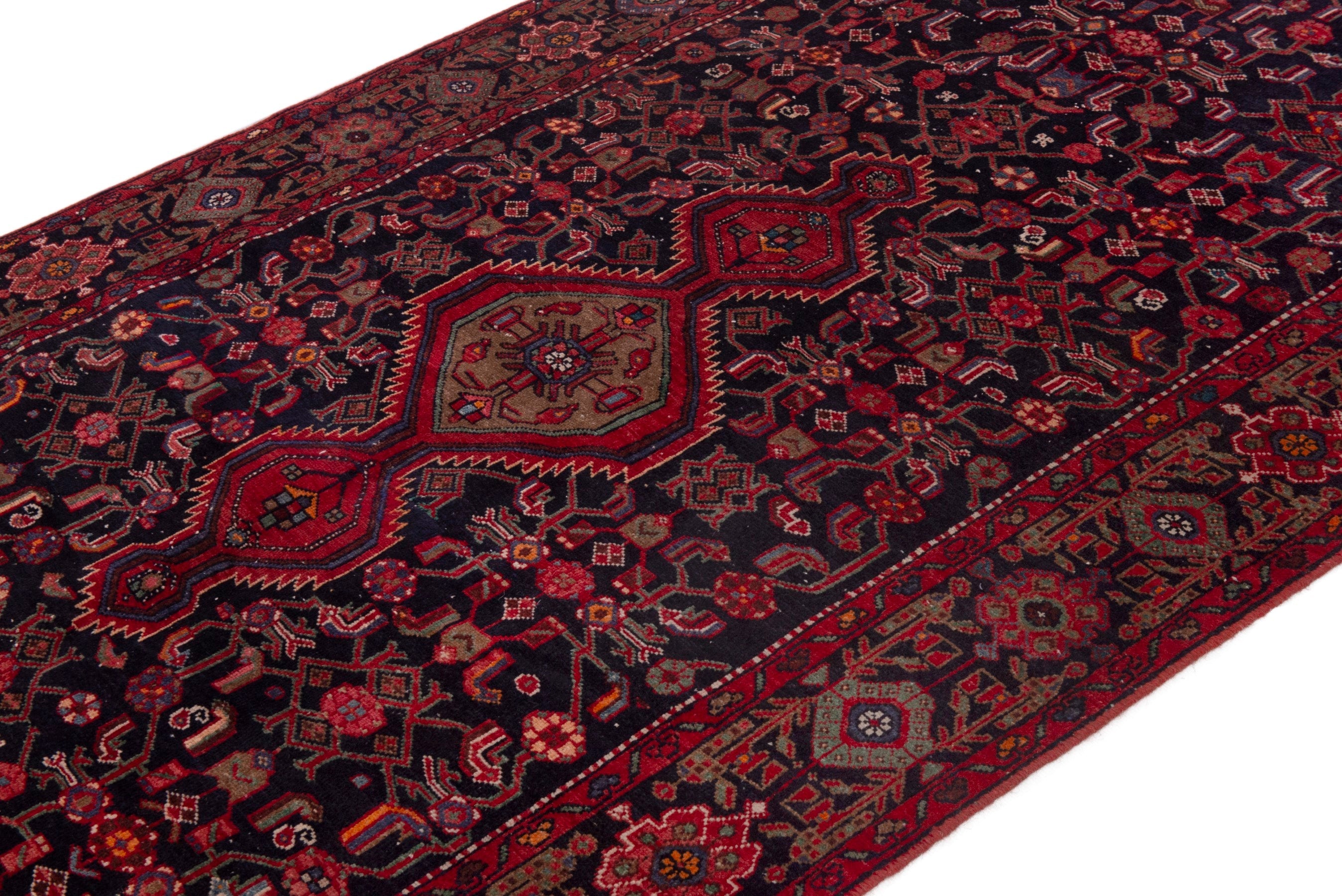 Persian Hamedan area rug in deep indigo and burgundy, view 4 of 19