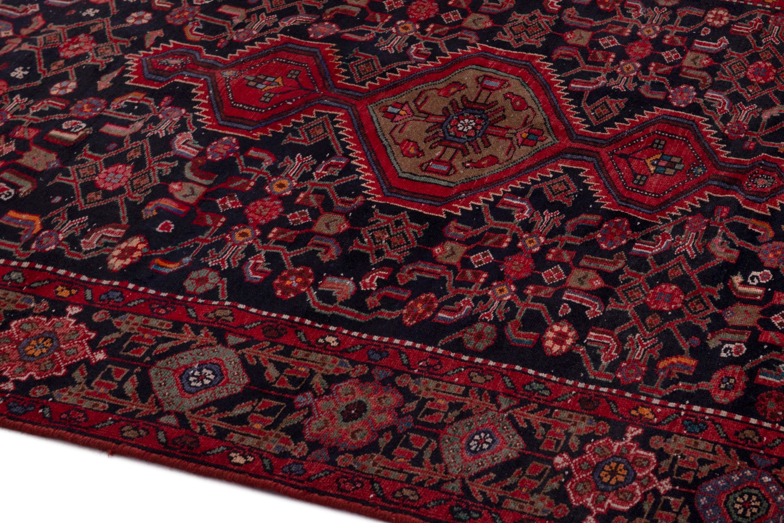 Persian Hamedan area rug in deep indigo and burgundy, view 8 of 19