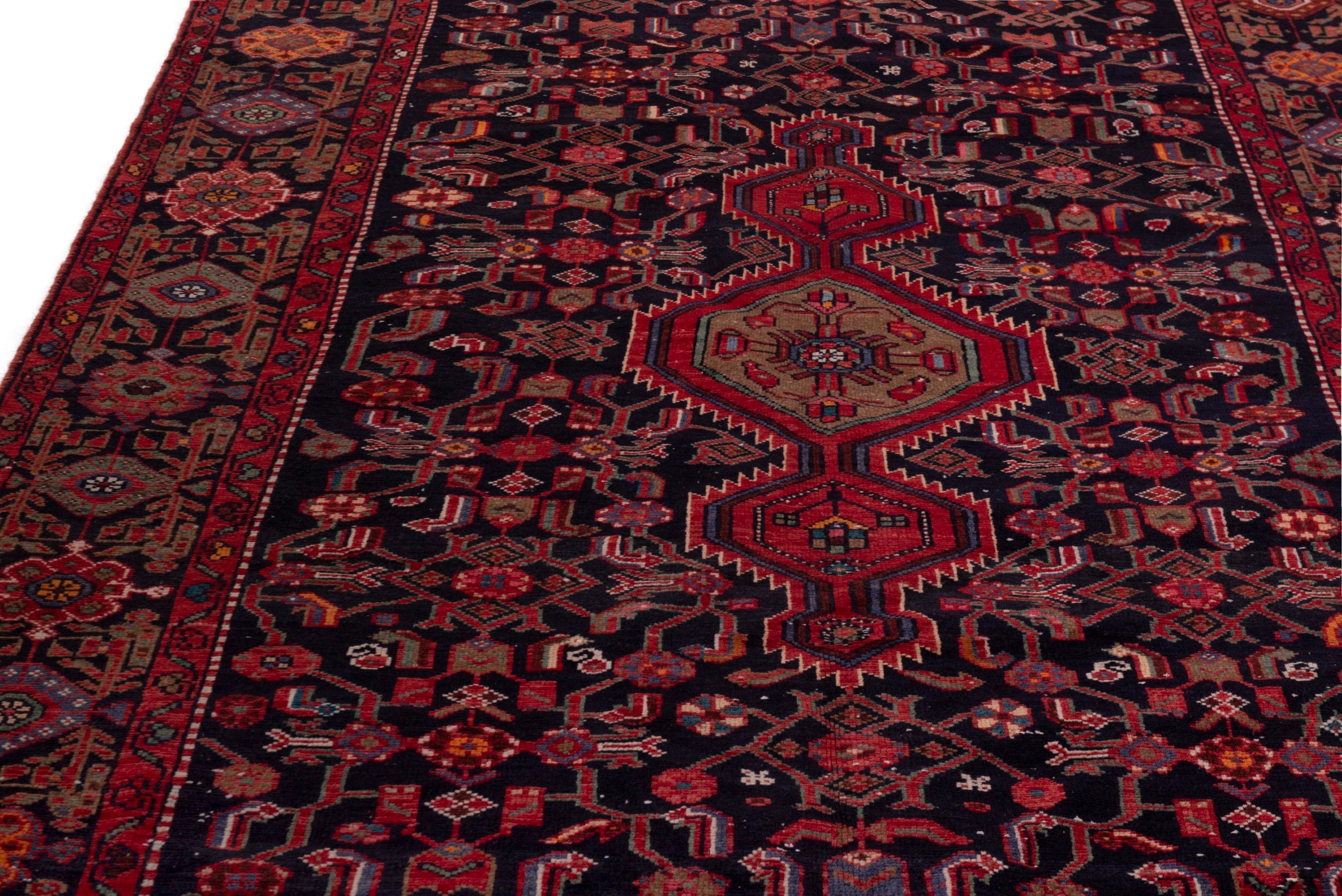 Persian Hamedan area rug in deep indigo and burgundy, view 9 of 19