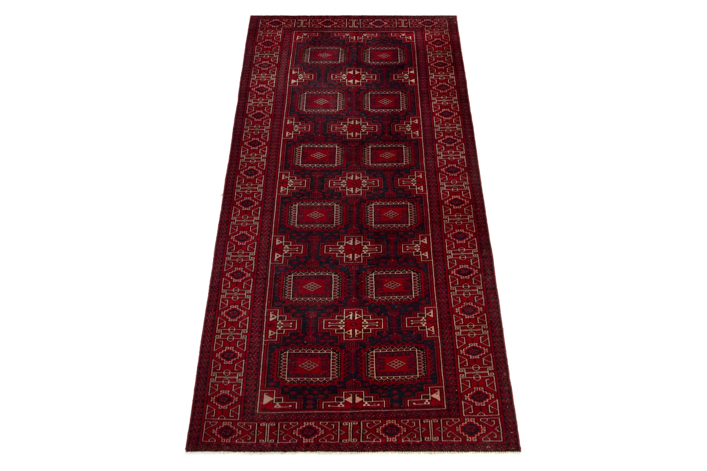 Persian Baluch runner rug in burgundy and deep red, view 2 of 21