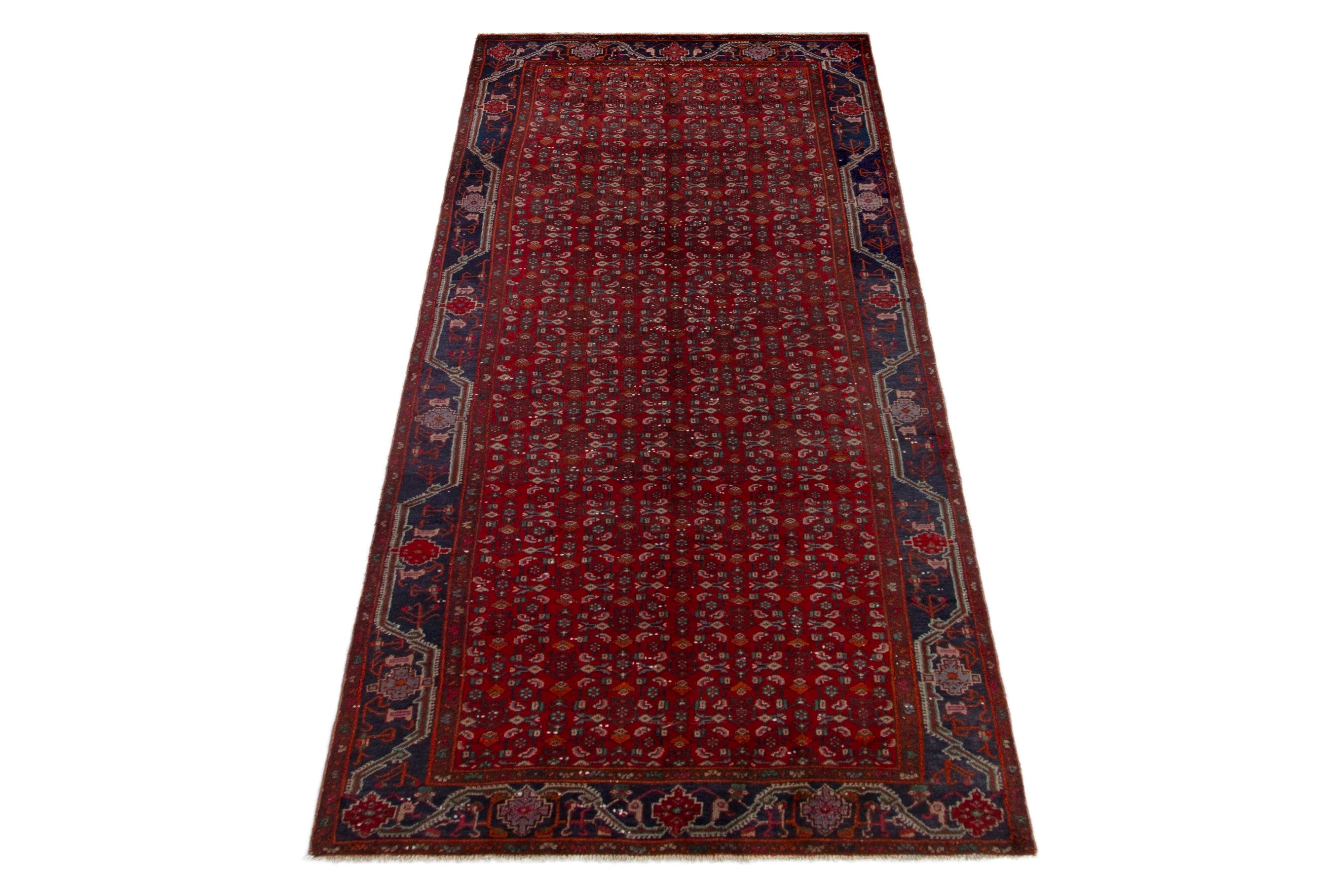Persian Kordi area rug in deep red and dark blue, view 2 of 18