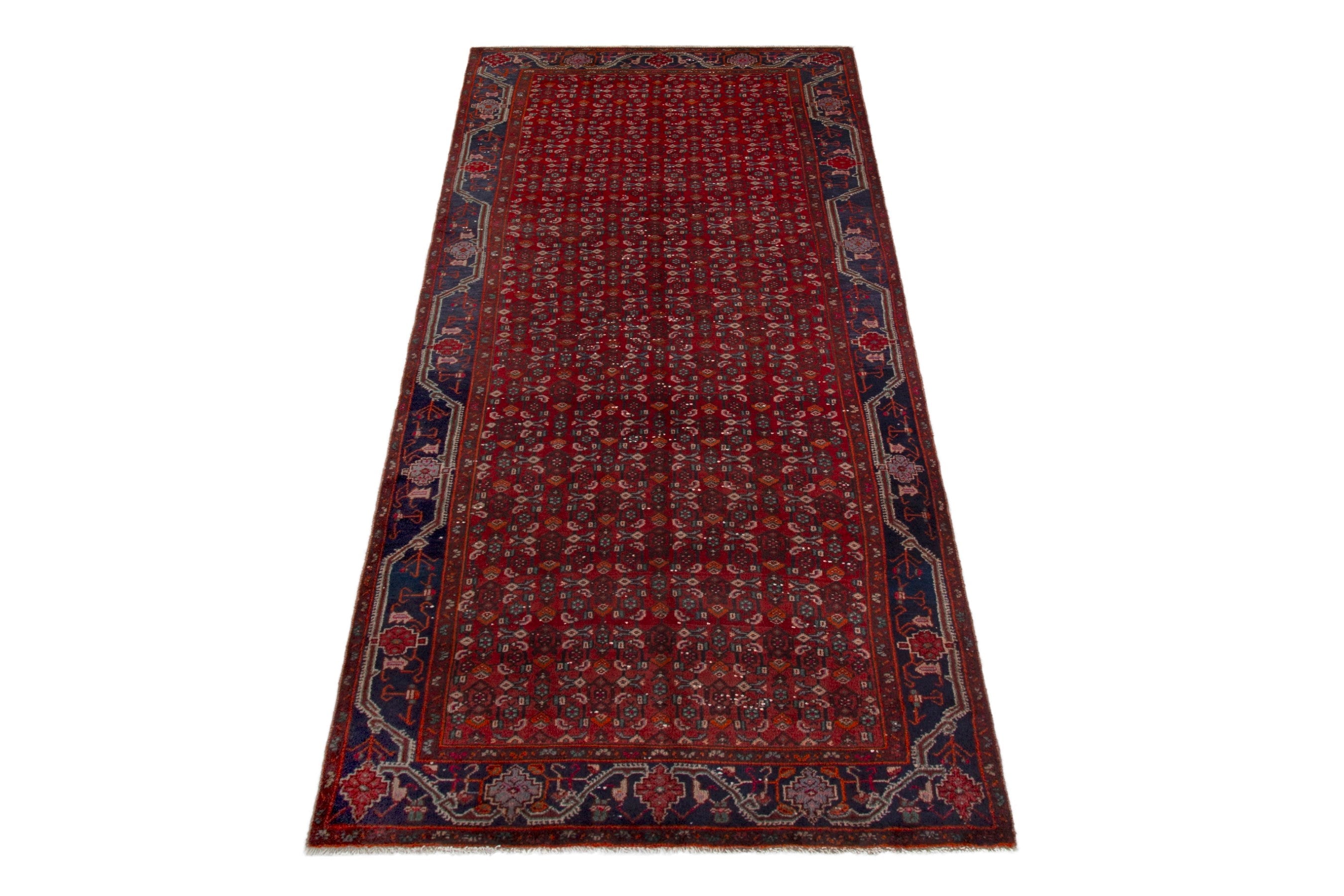 Persian Kordi area rug in deep red and dark blue, view 3 of 18