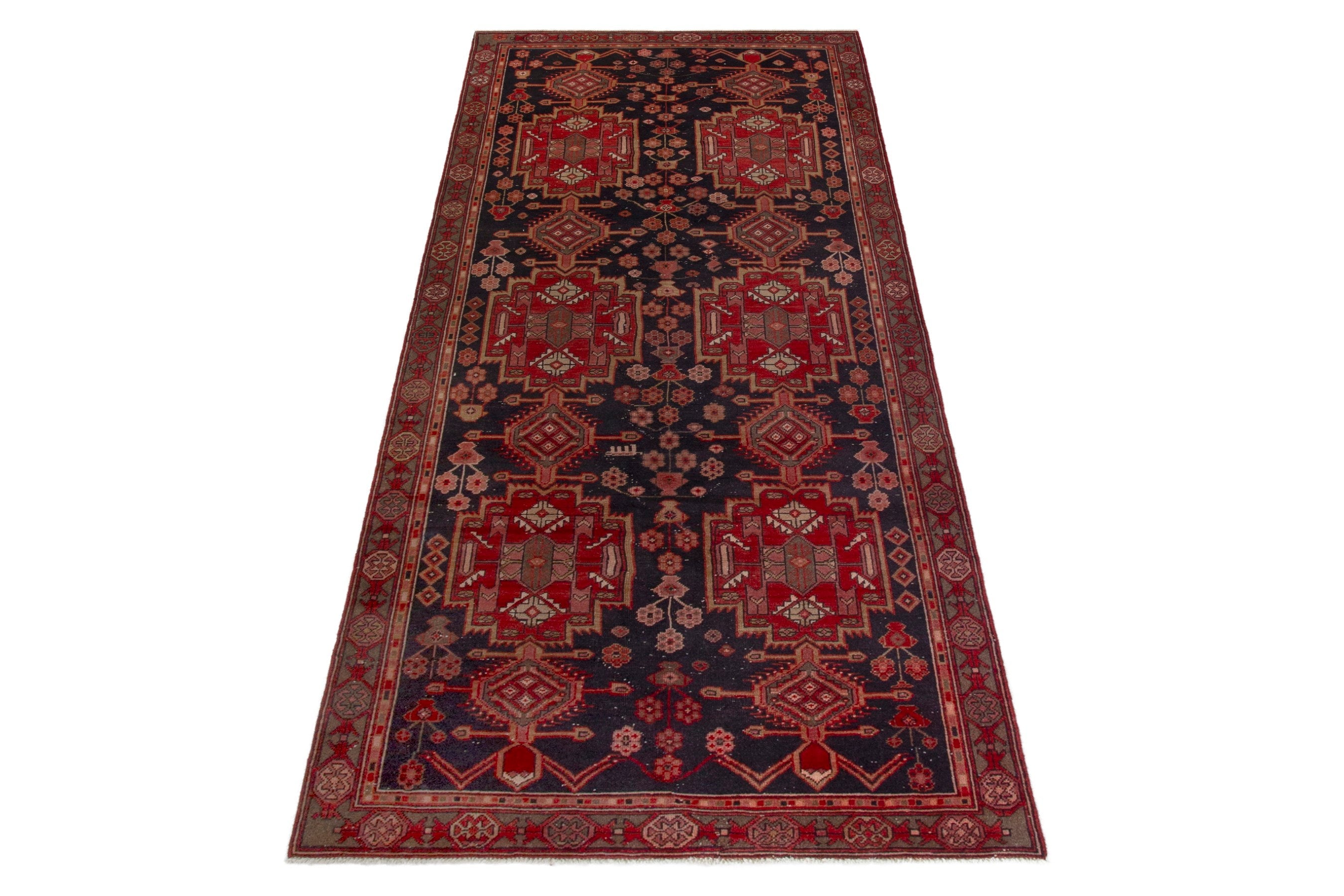 Persian Ardabil area rug in navy and deep red, view 3 of 19