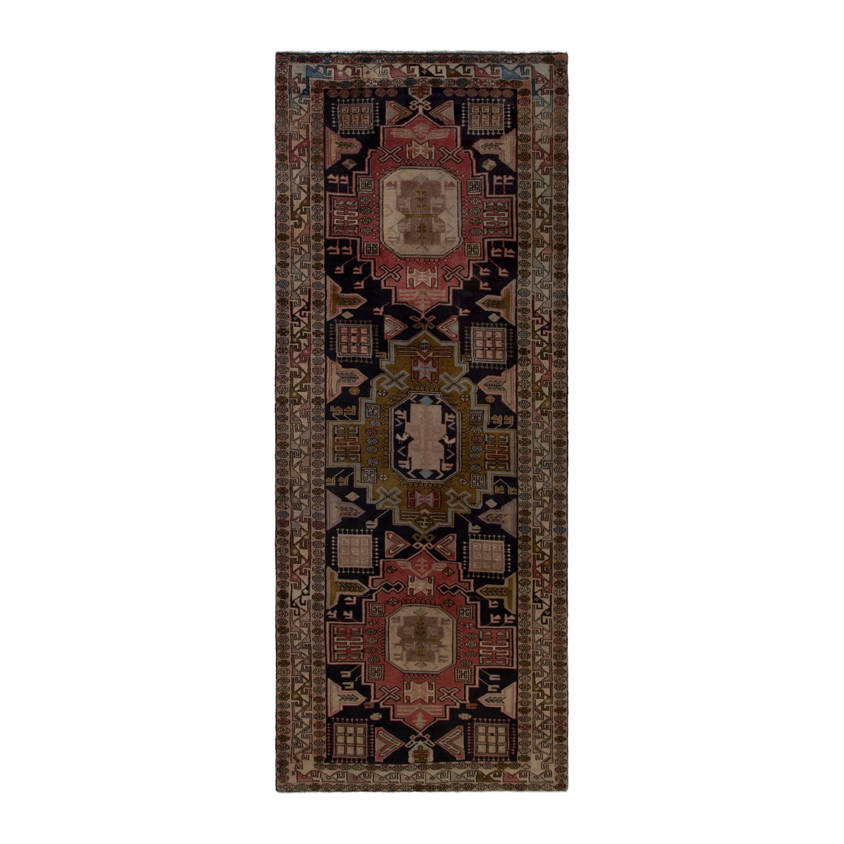 Persian Ardabil runner rug in navy and cream, 4'5" x 10'8"