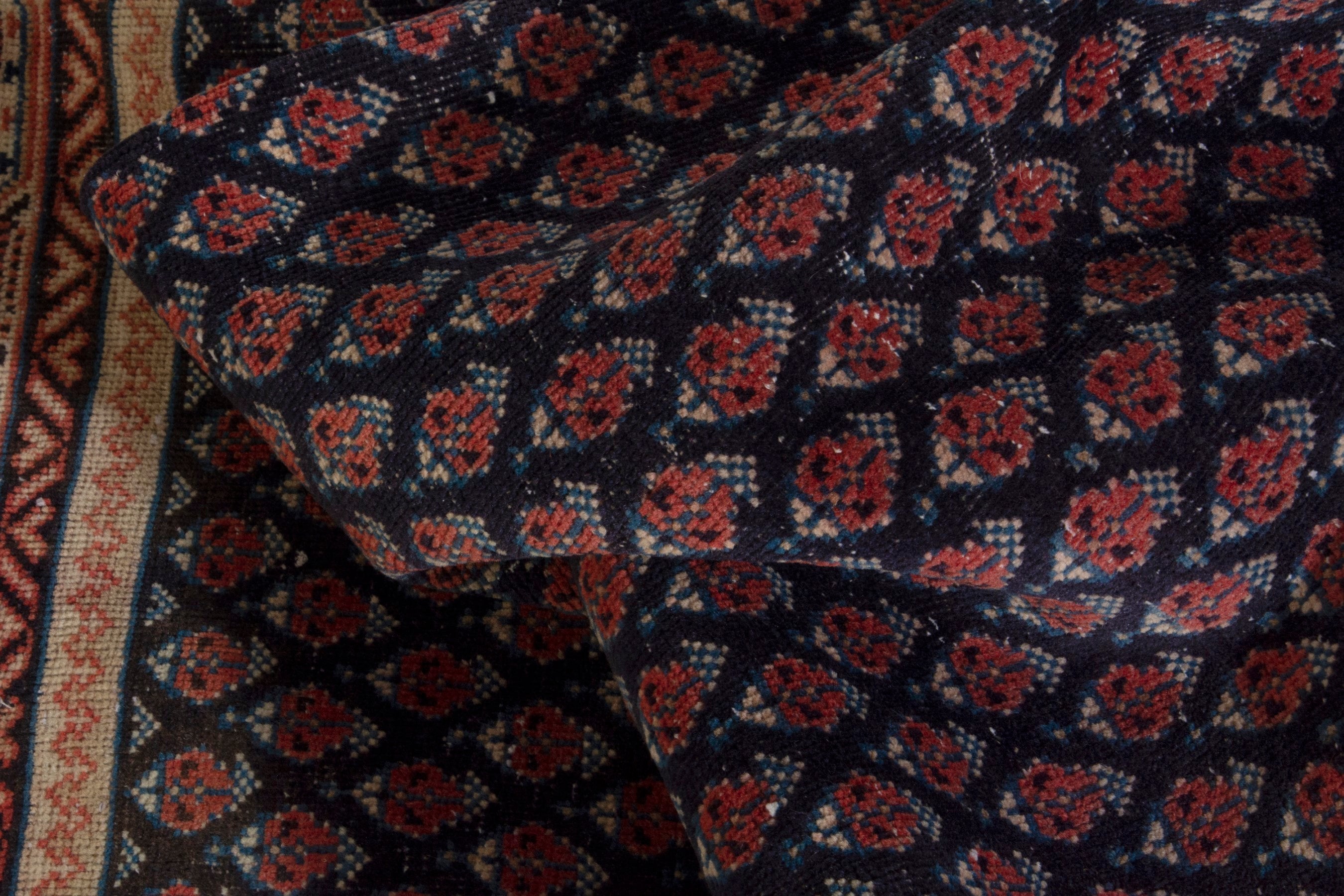 Persian Botteh area rug in navy and burgundy, view 16 of 19