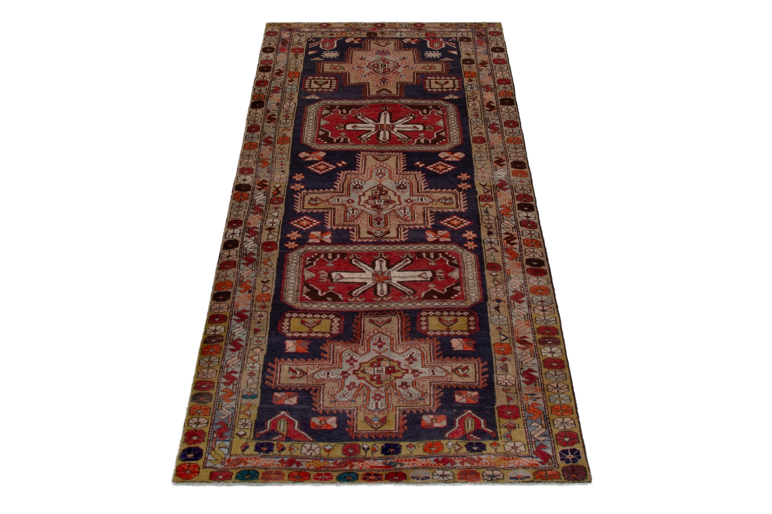 Persian Ardabil runner rug in navy and deep red, view 3 of 19
