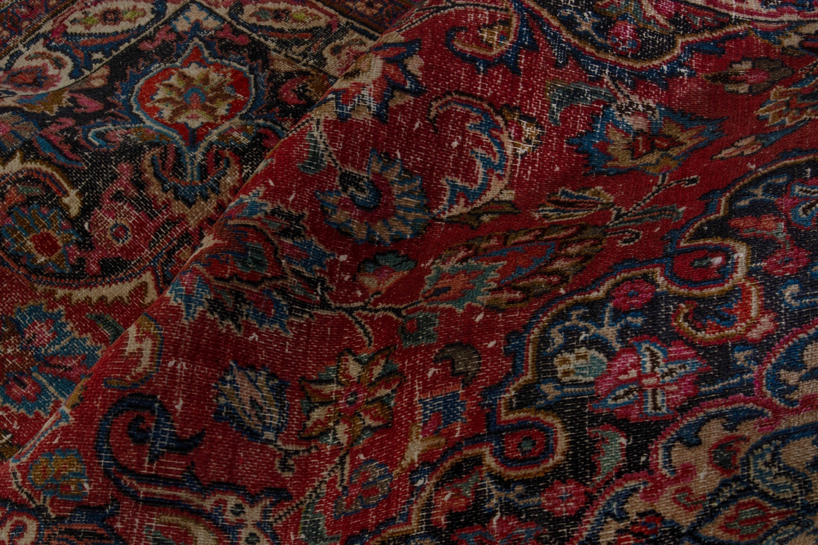 Persian Mashhad area rug in burgundy and dark blue, view 18 of 21