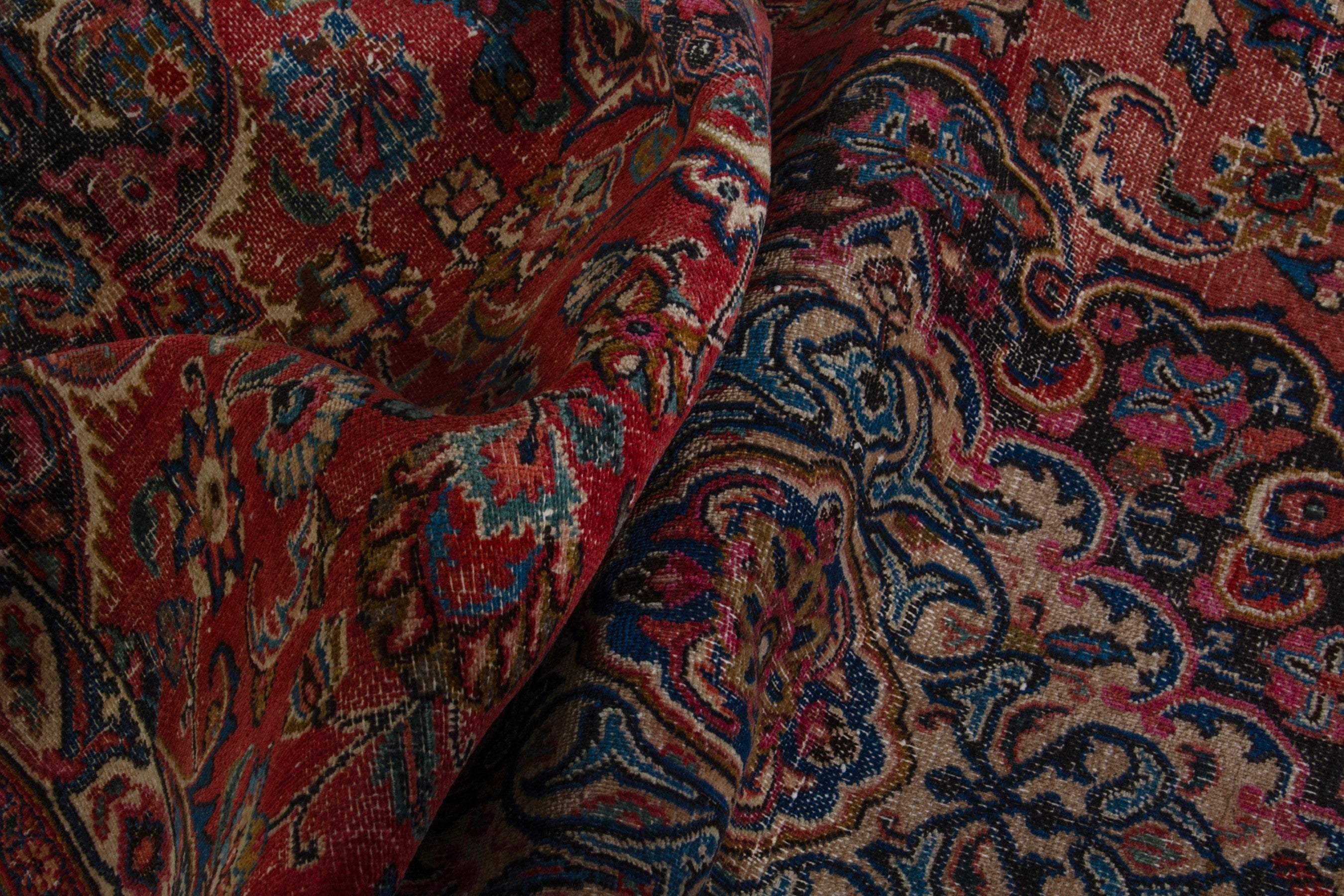 Persian Mashhad area rug in burgundy and dark blue, view 19 of 21