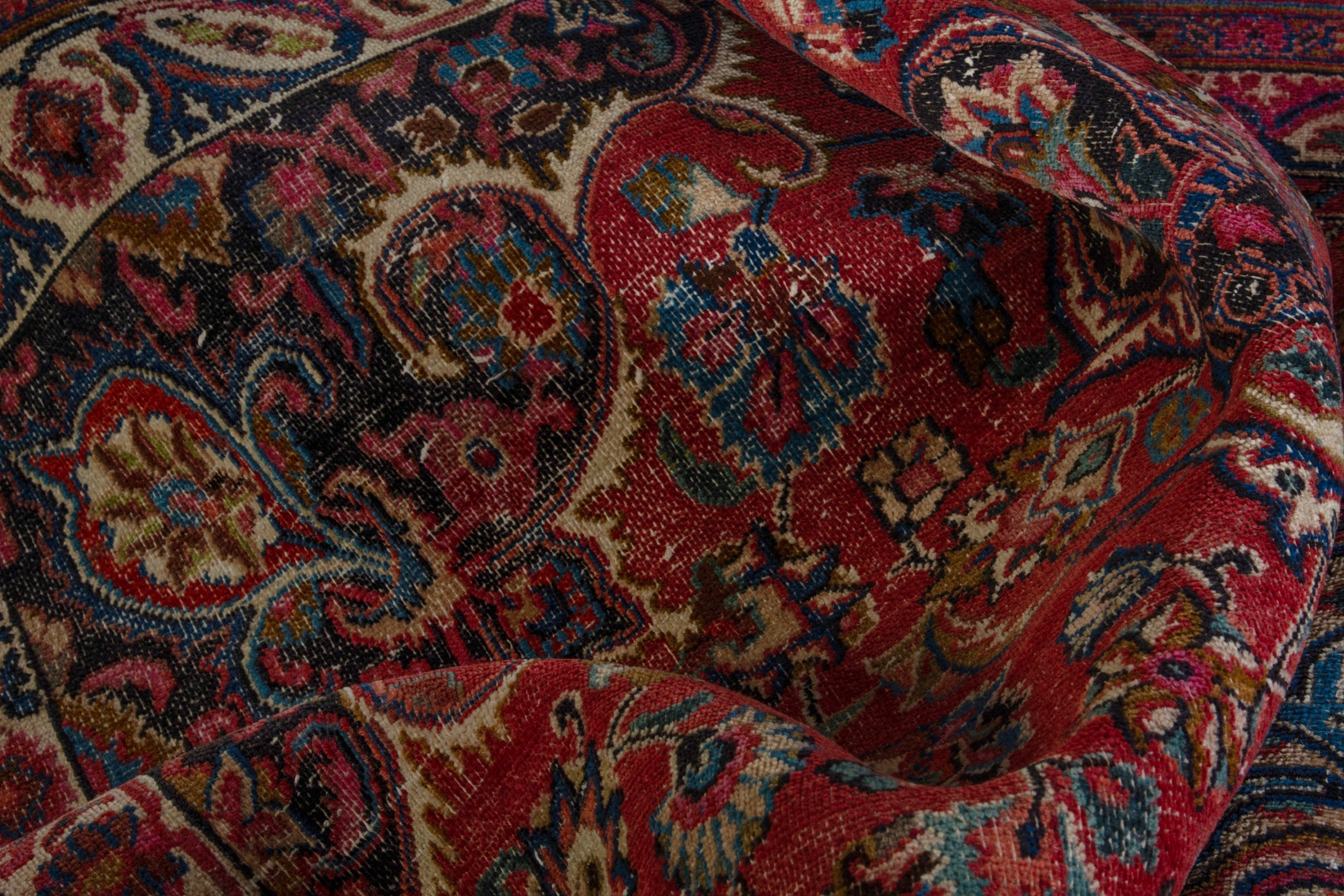 Persian Mashhad area rug in burgundy and dark blue, view 20 of 21