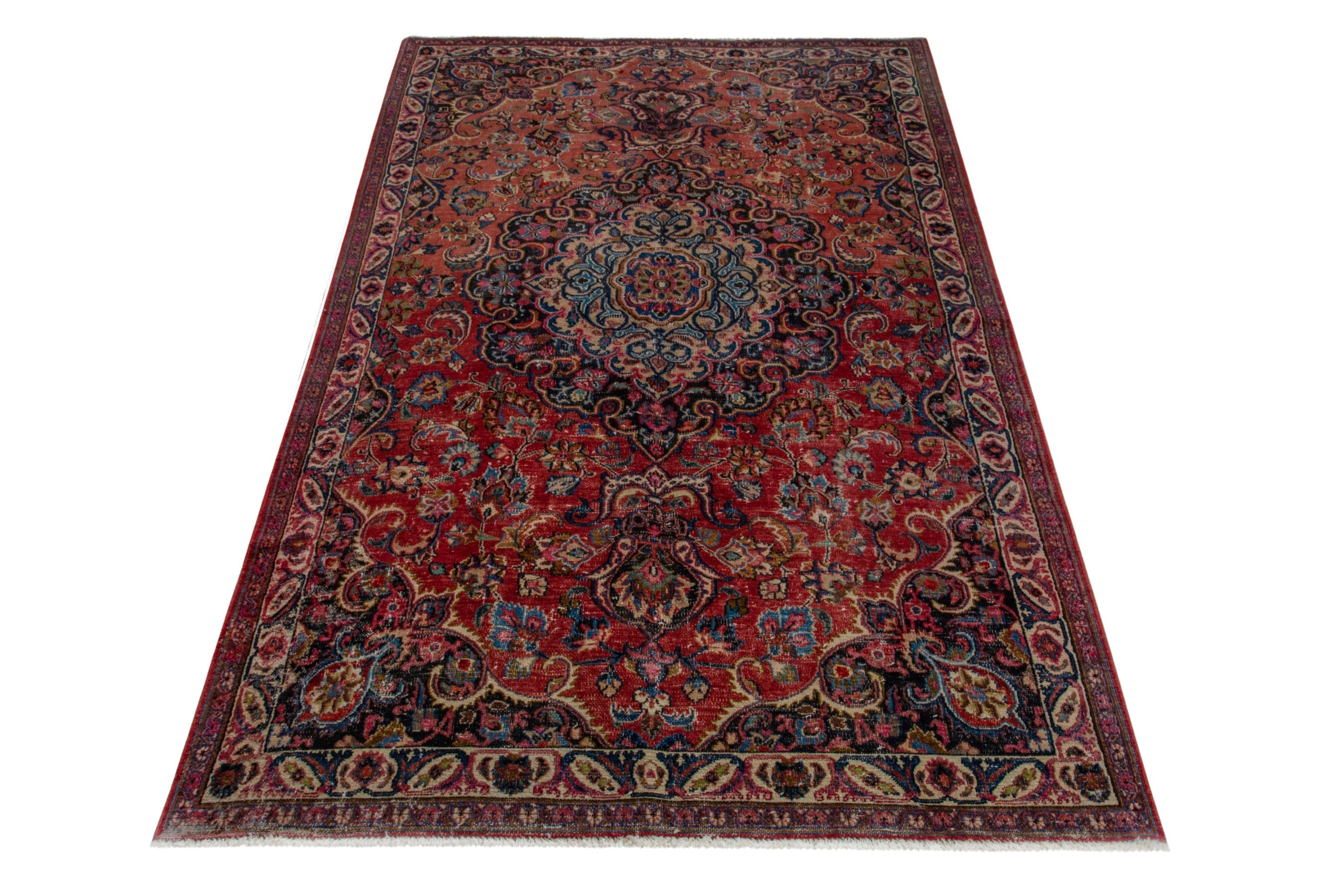 Persian Mashhad area rug in burgundy and dark blue, view 3 of 21
