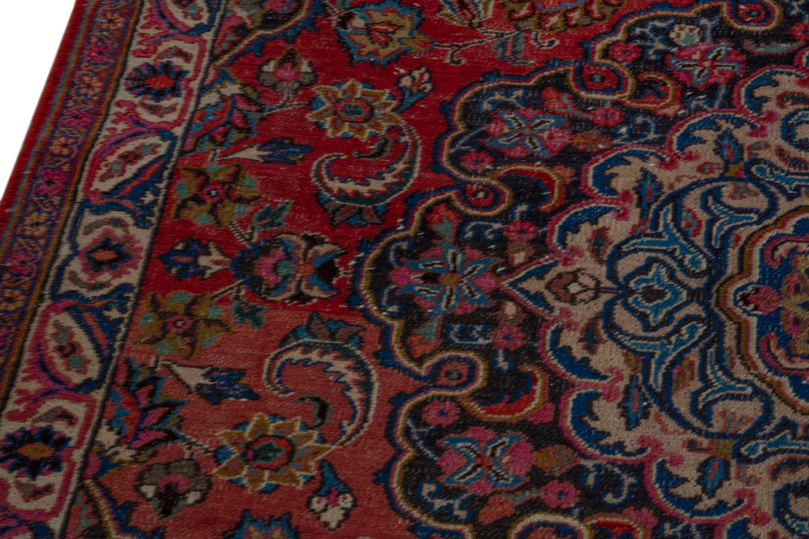 Persian Mashhad area rug in burgundy and dark blue, view 7 of 21