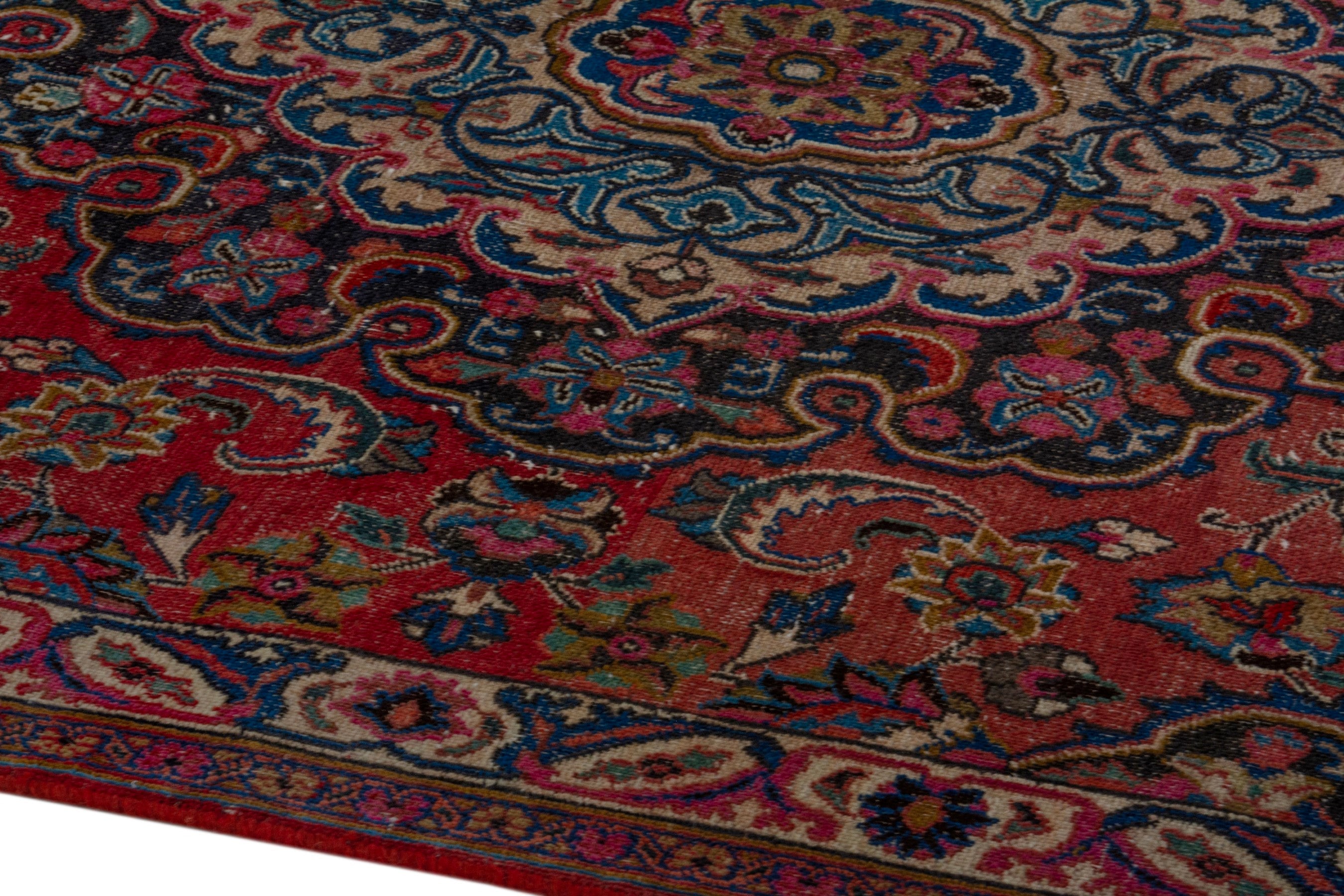 Persian Mashhad area rug in burgundy and dark blue, view 8 of 21