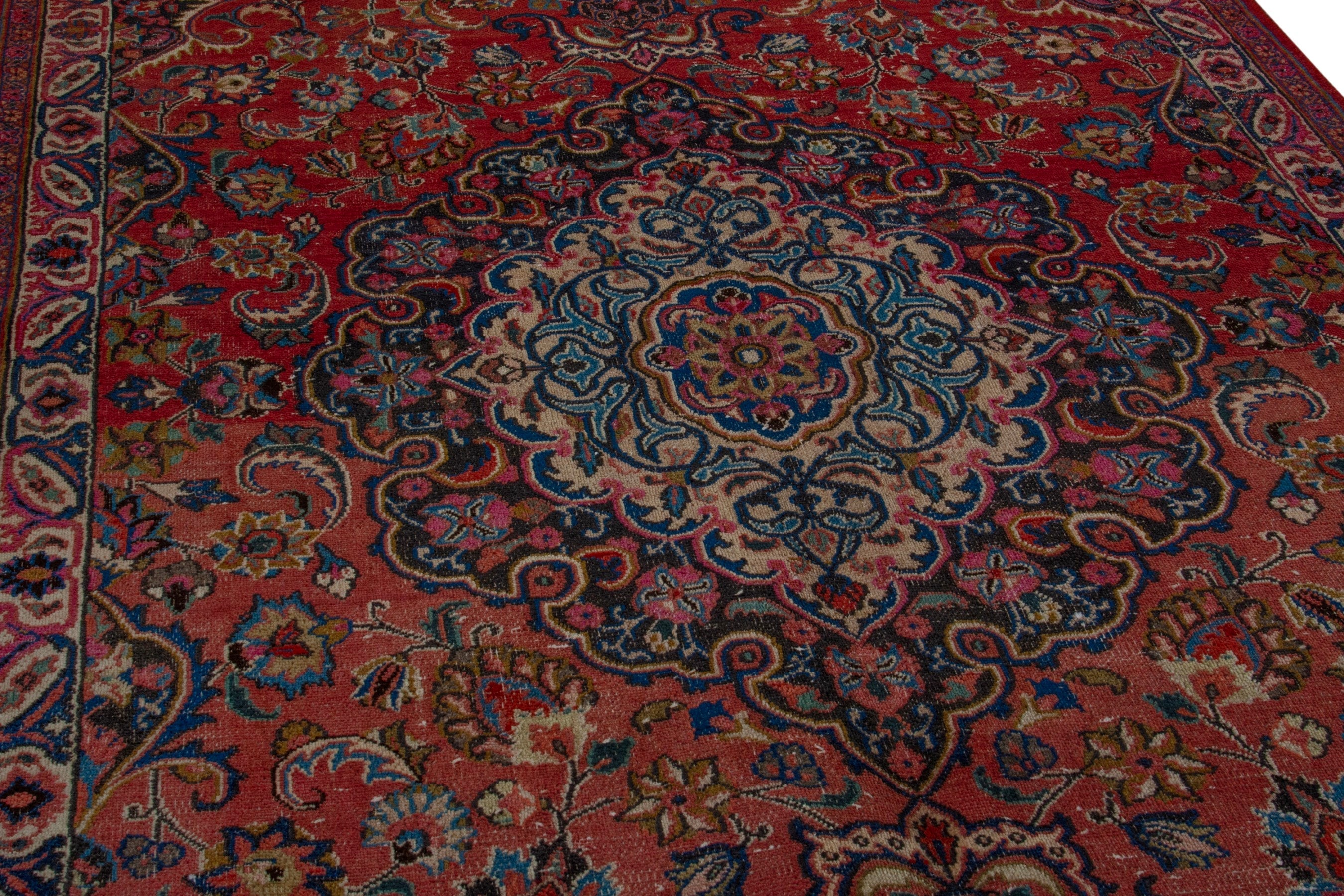 Persian Mashhad area rug in burgundy and dark blue, view 9 of 21
