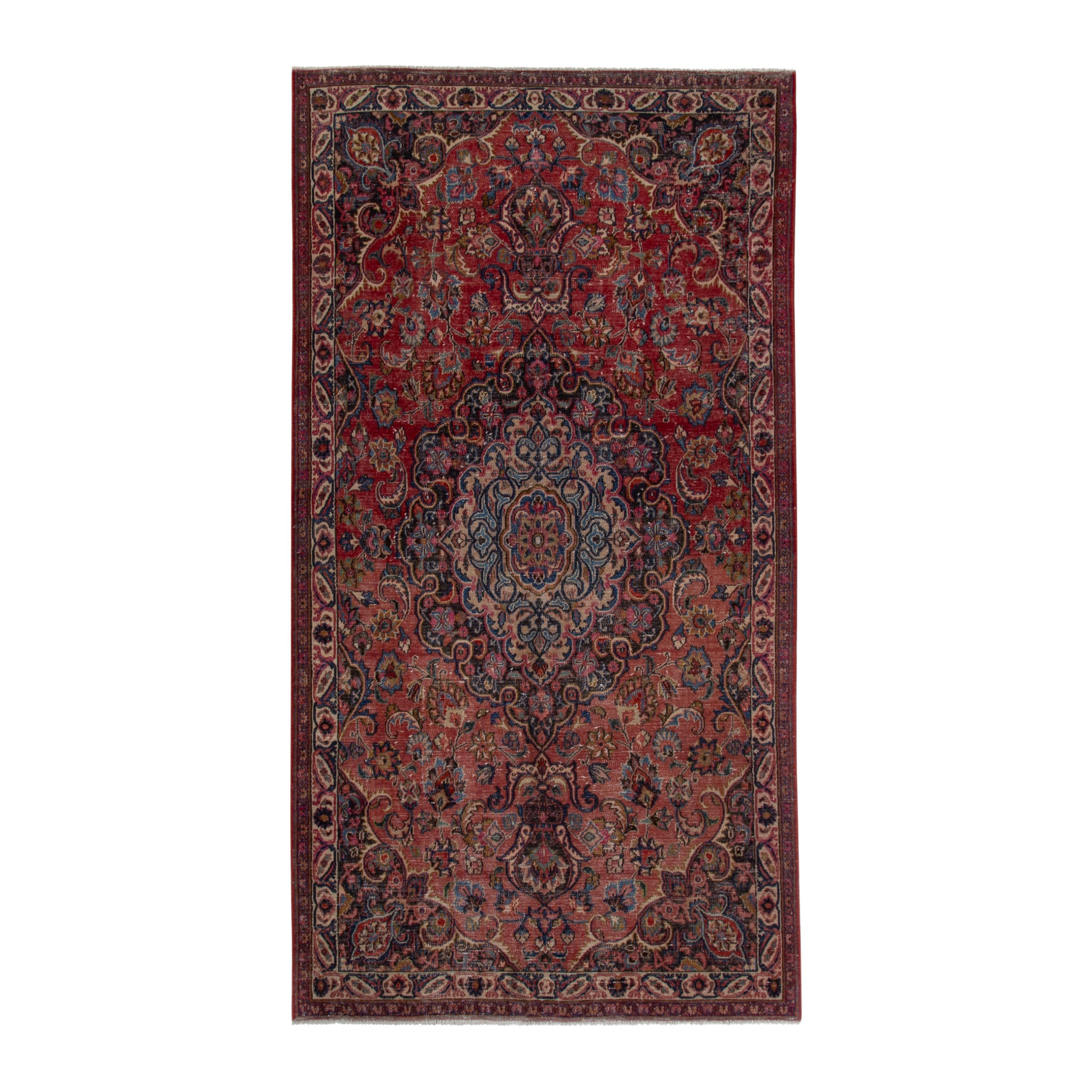 Persian Mashhad area rug in burgundy and dark blue, 4'11" x 9'6"