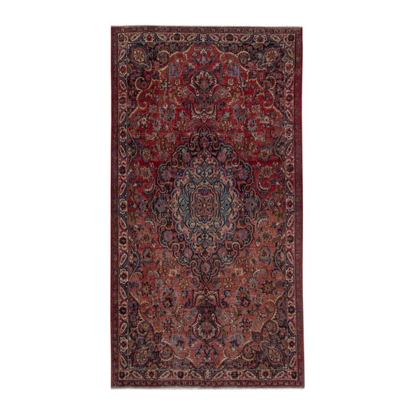 Persian Mashhad area rug in burgundy and dark blue, 4'11" x 9'6"
