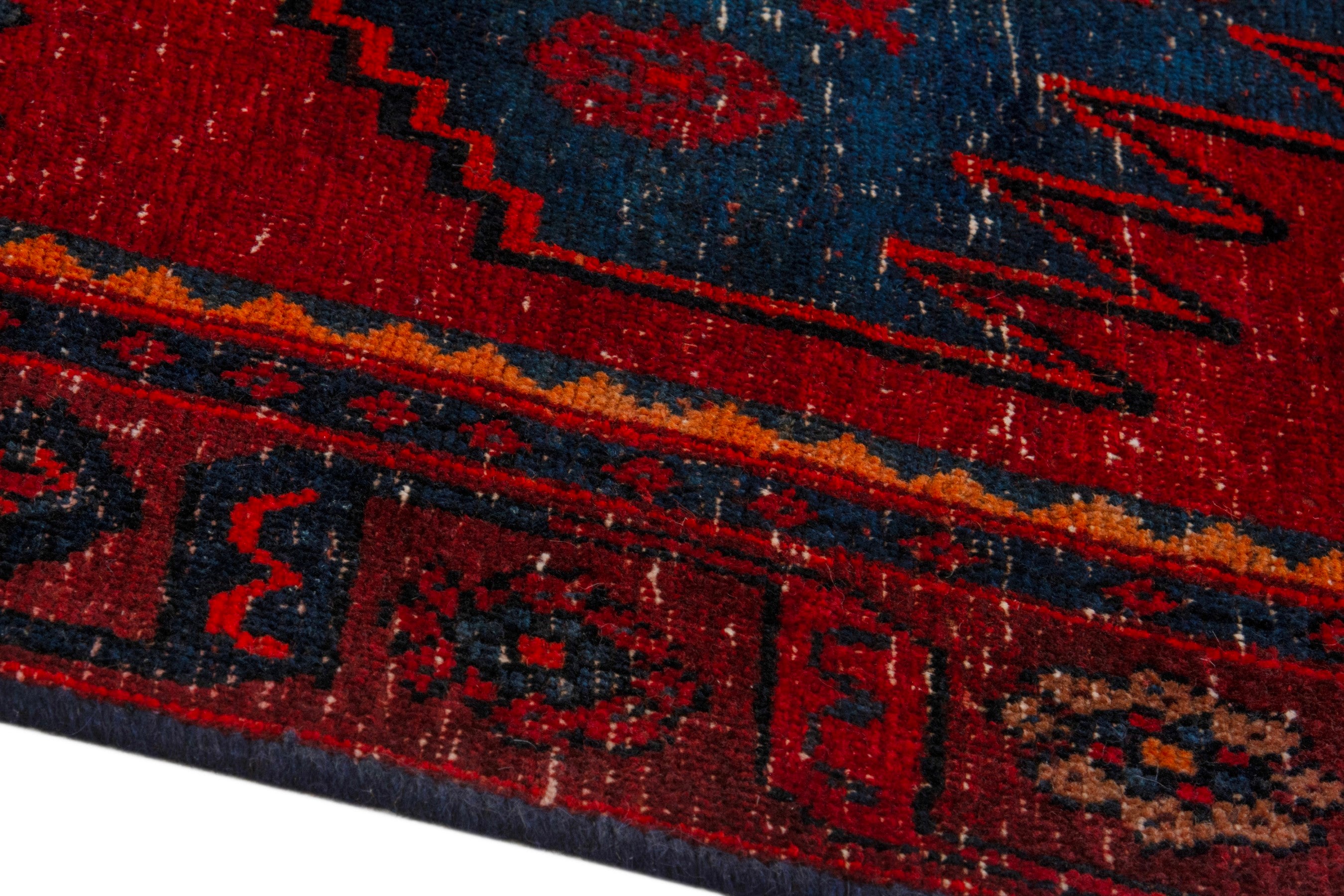 Persian Kordi runner rug in deep red and dark blue, view 9 of 18