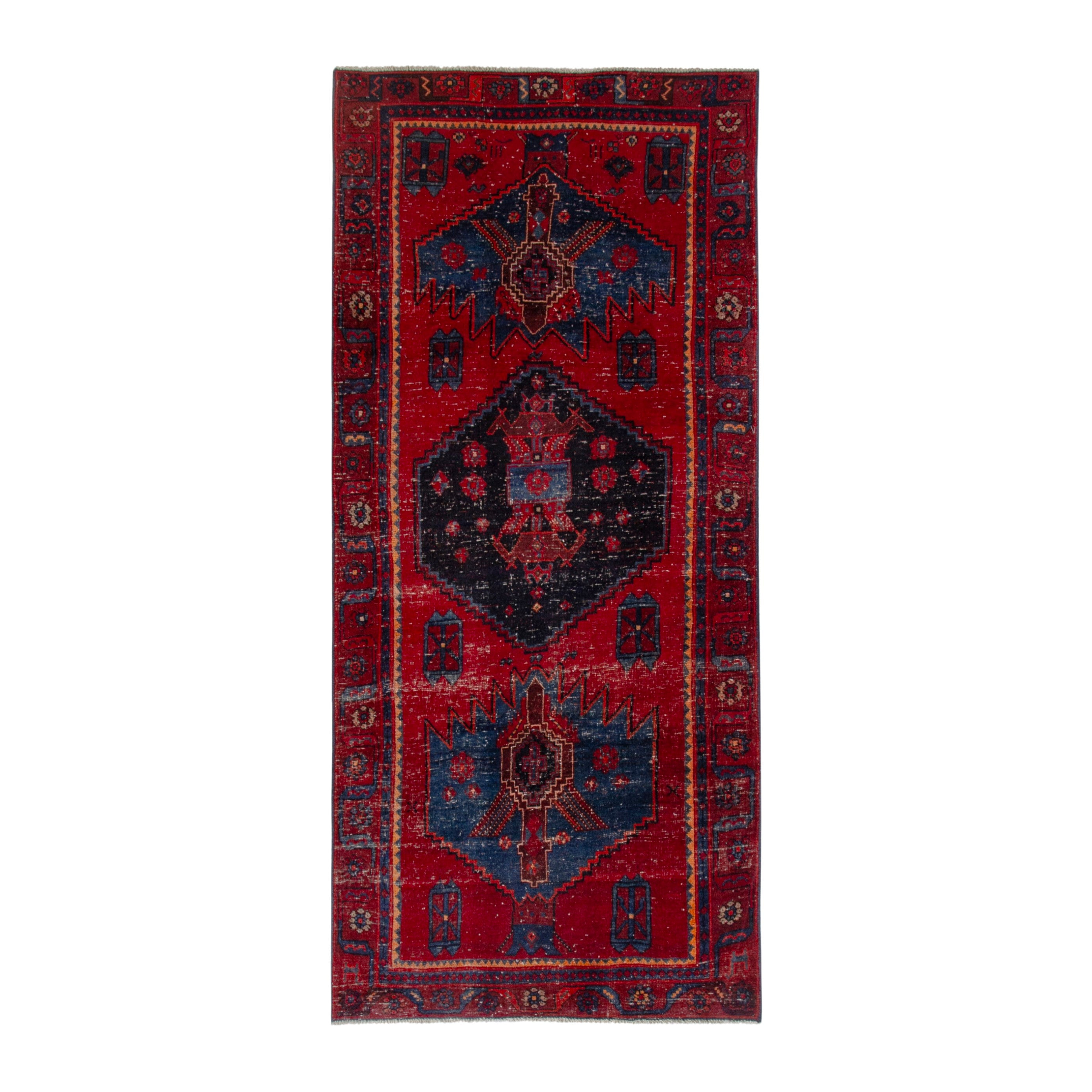 Persian Kordi runner rug in deep red and dark blue, 3'10" x 8'8"