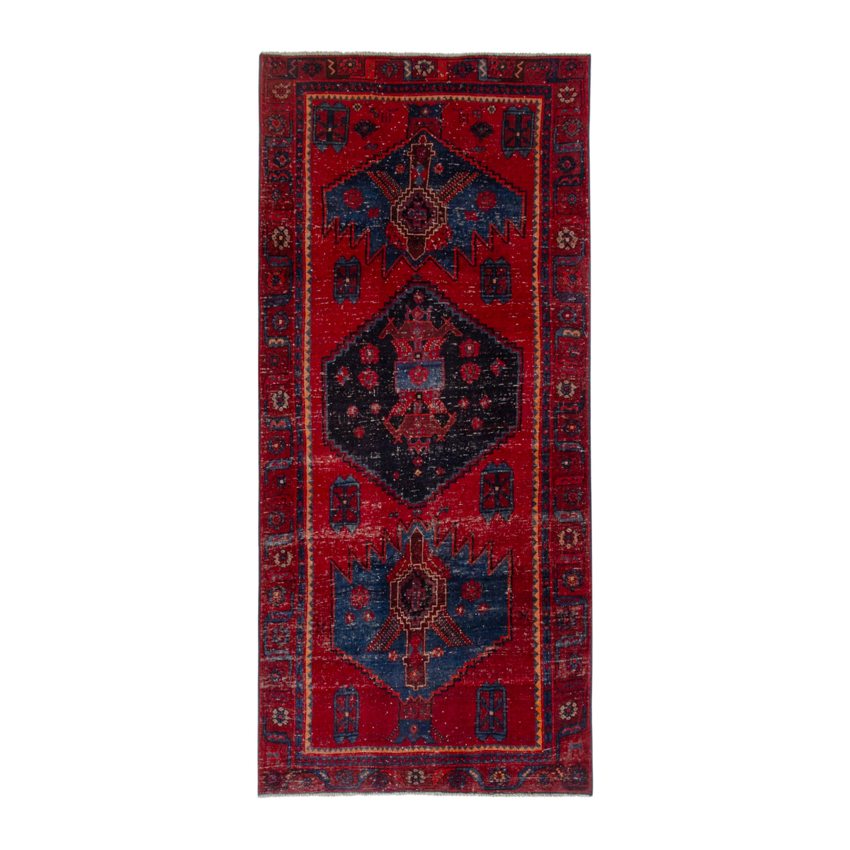 Persian Kordi runner rug in deep red and dark blue, 3'10" x 8'8"
