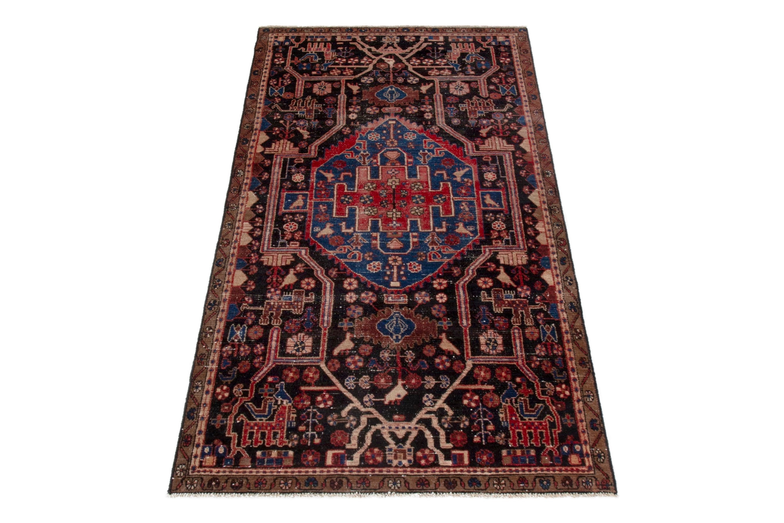 Persian Nahavand area rug in burgundy and dark blue, view 3 of 19