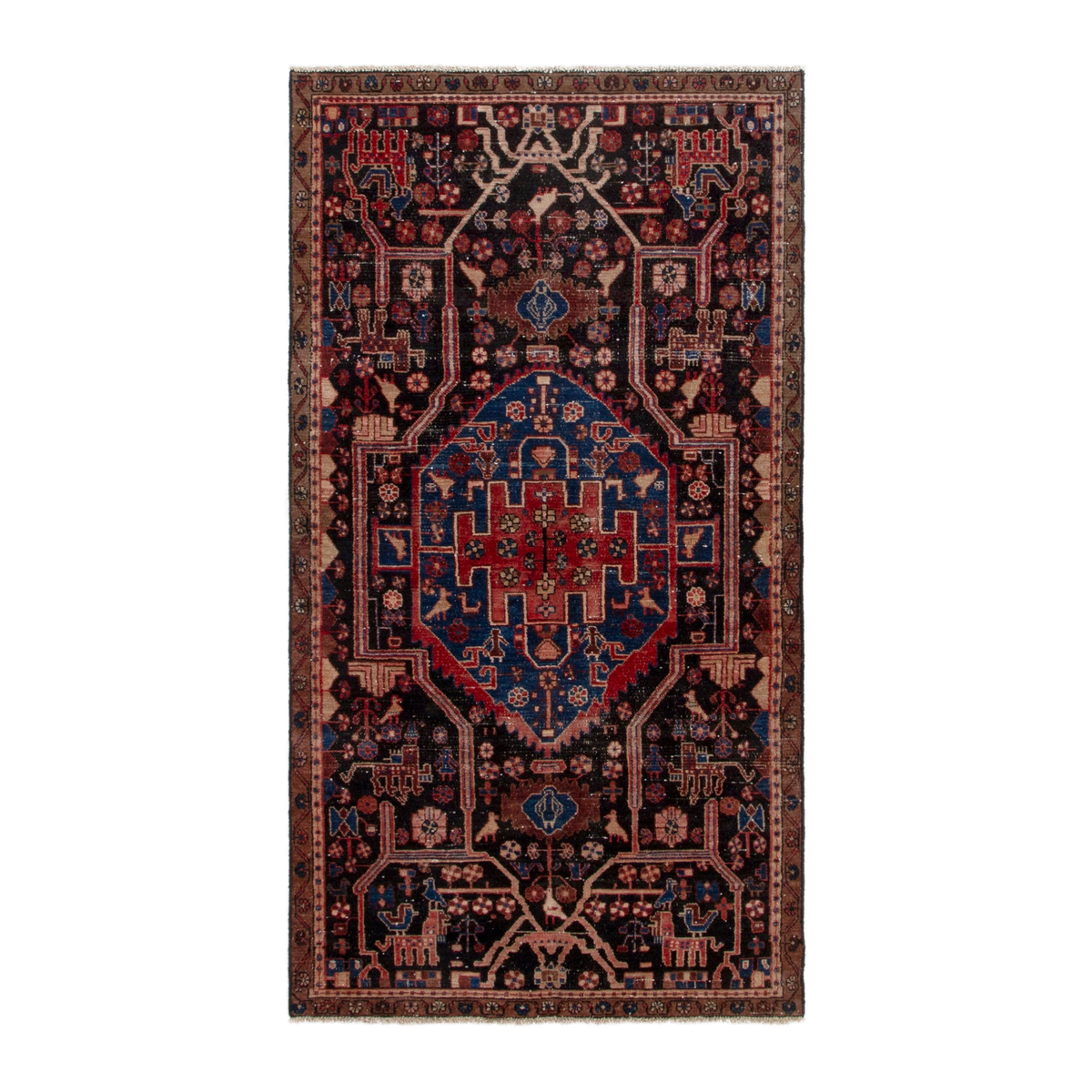 Persian Nahavand area rug in burgundy and dark blue, 4'1" x 8'
