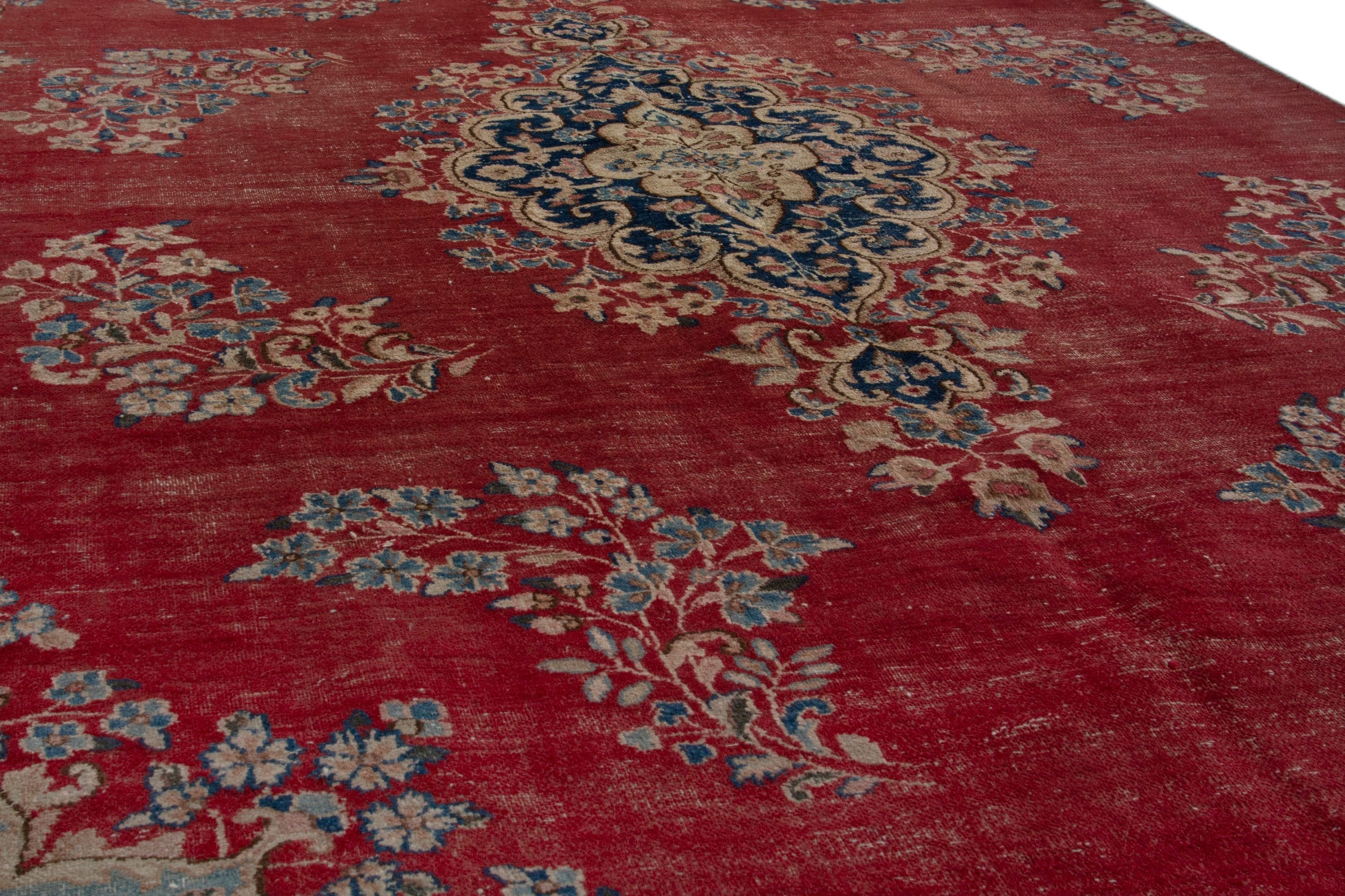 Persian Kerman area rug in deep red and dusty blue, view 10 of 20