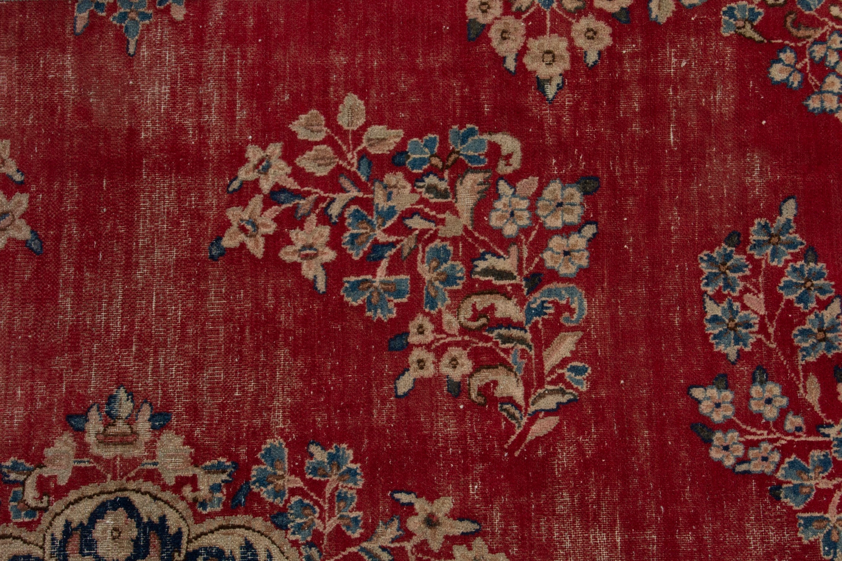 Persian Kerman area rug in deep red and dusty blue, view 14 of 20
