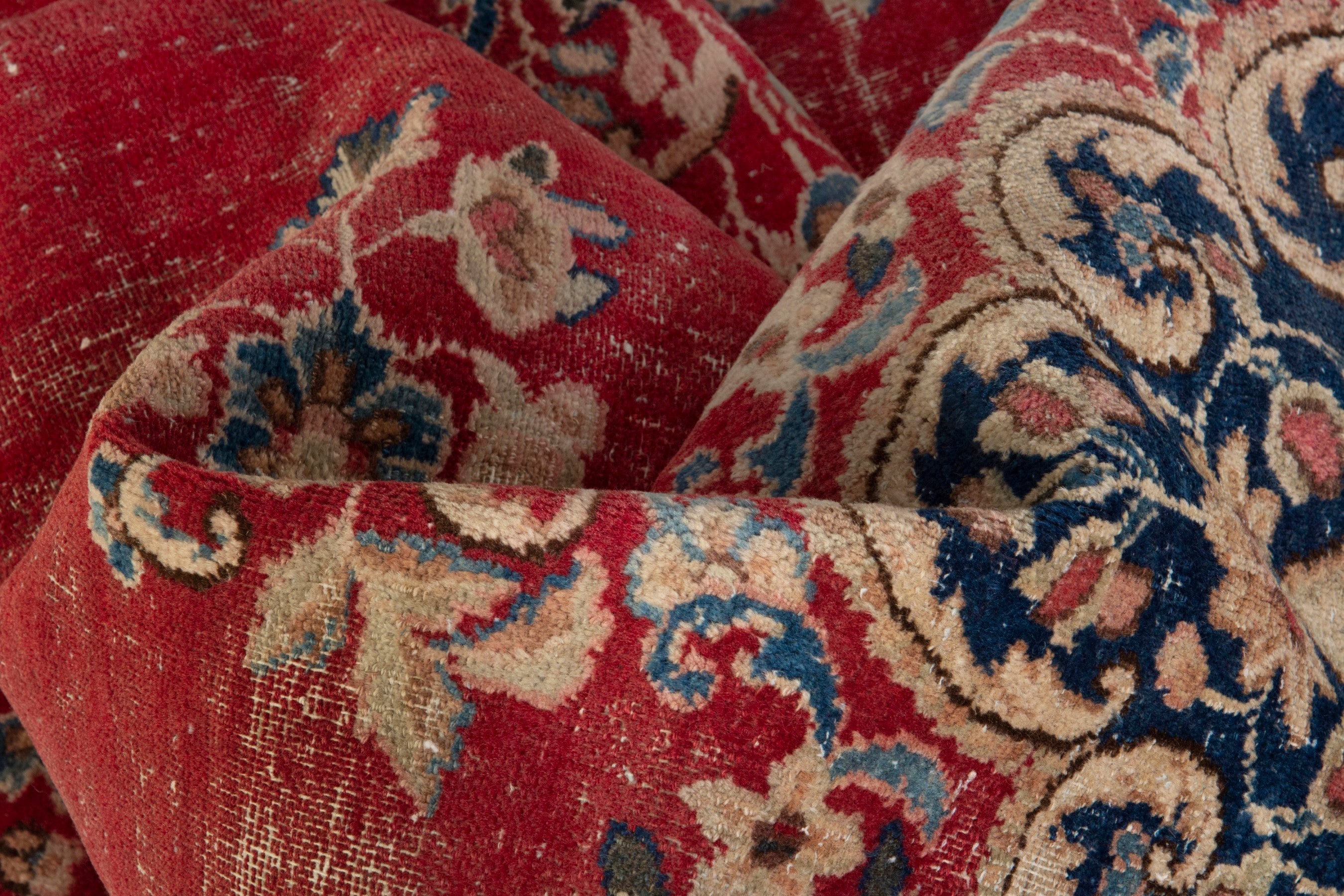 Persian Kerman area rug in deep red and dusty blue, view 17 of 20
