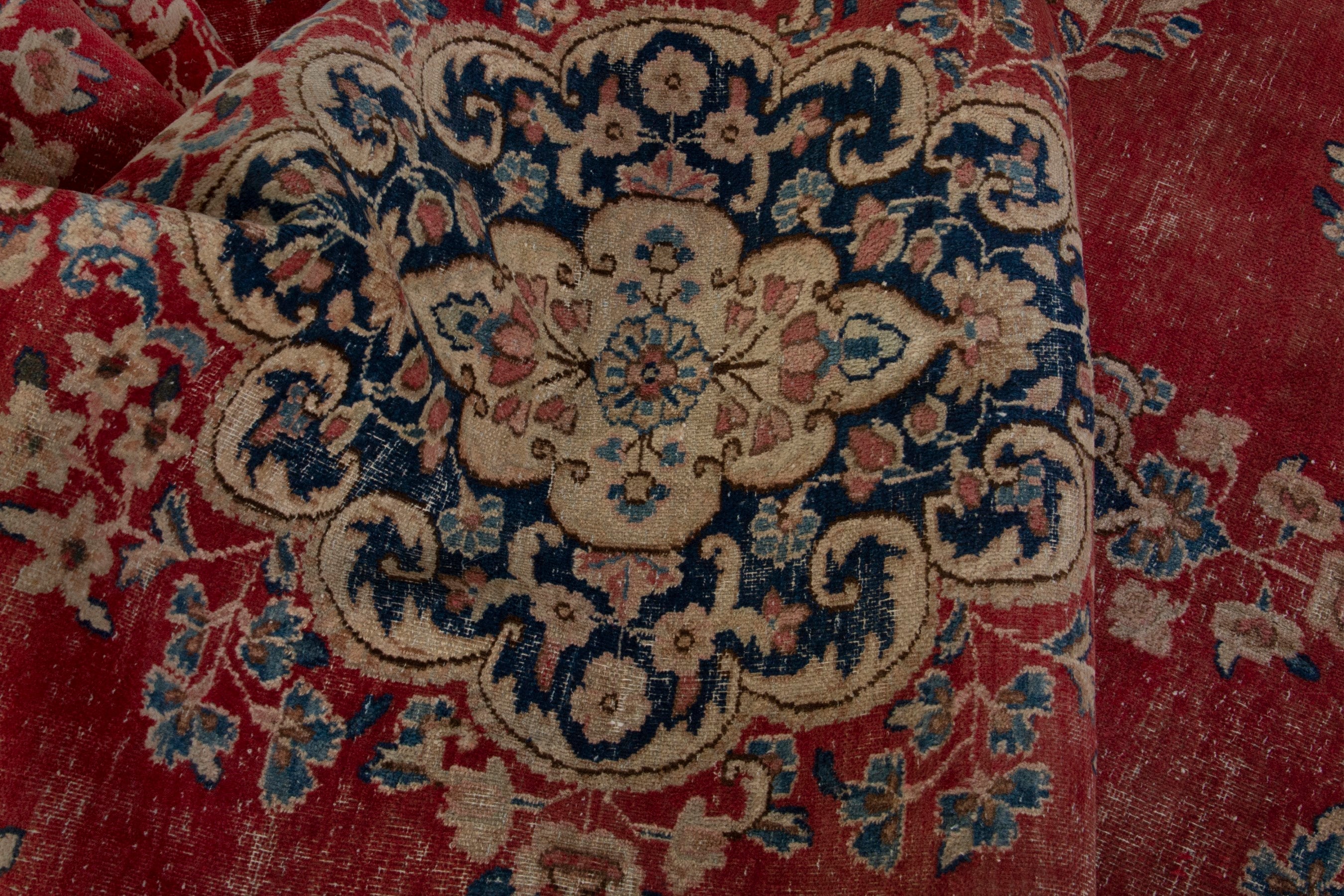 Persian Kerman area rug in deep red and dusty blue, view 18 of 20