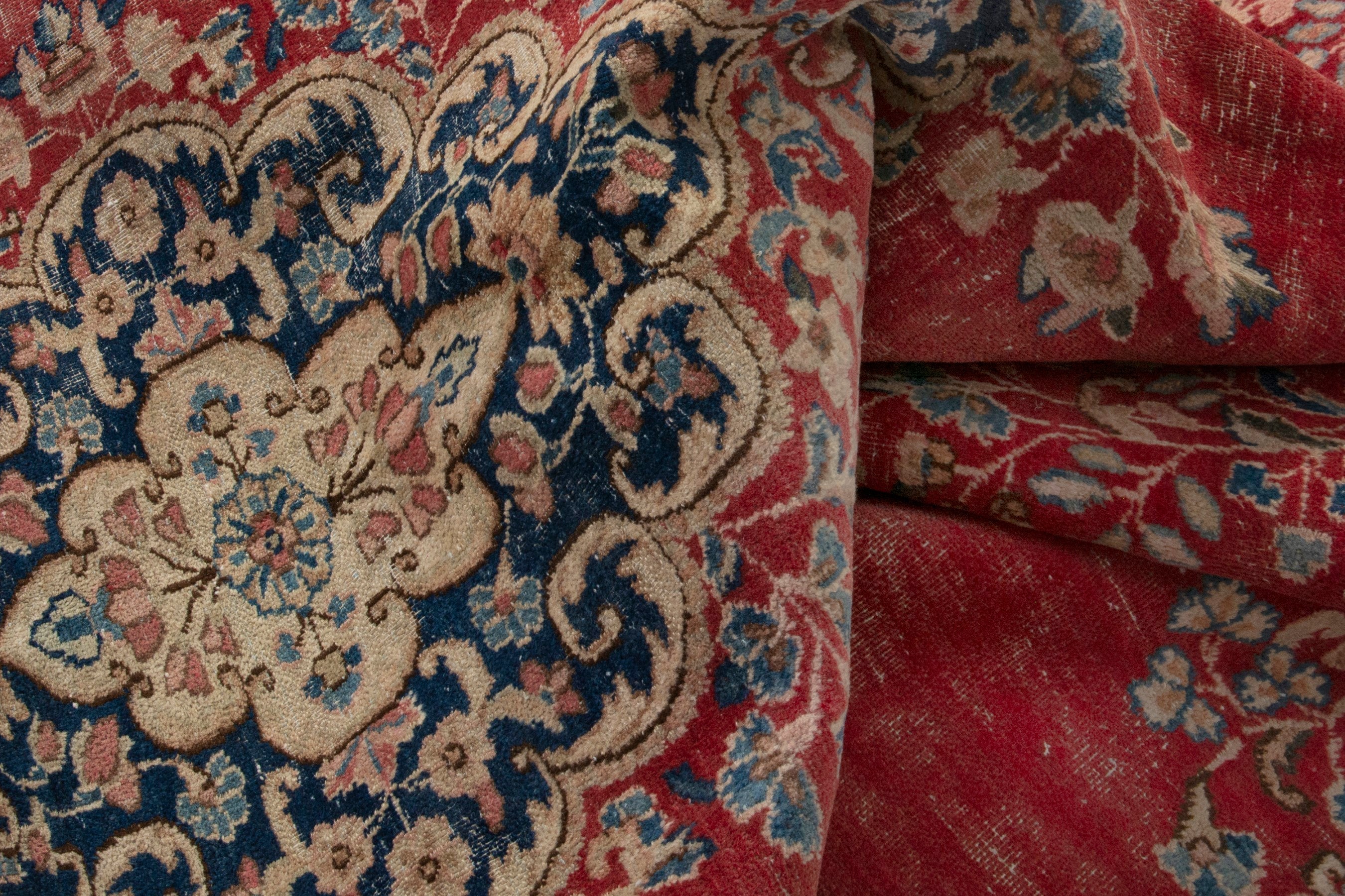 Persian Kerman area rug in deep red and dusty blue, view 19 of 20