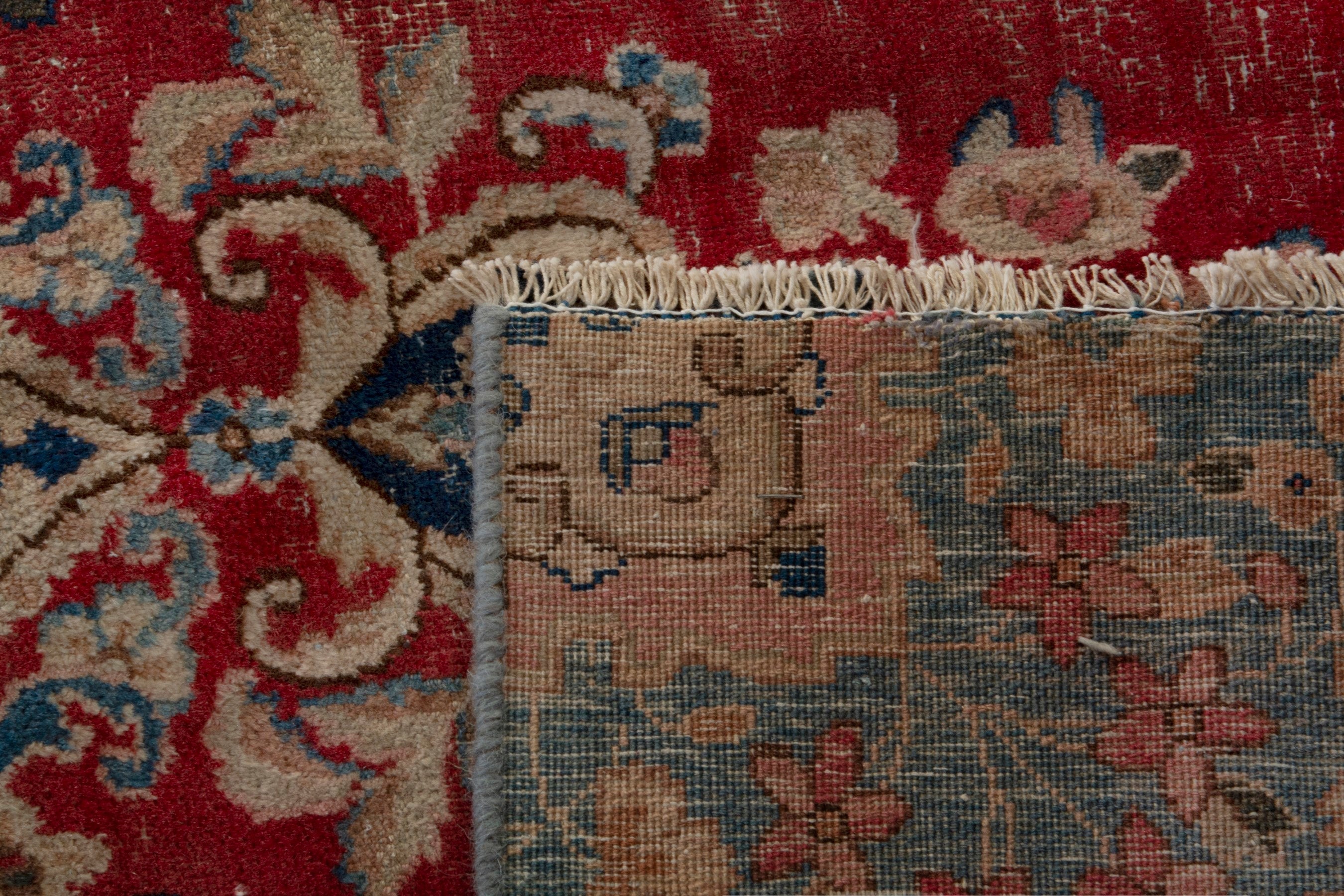 Persian Kerman area rug in deep red and dusty blue, view 20 of 20