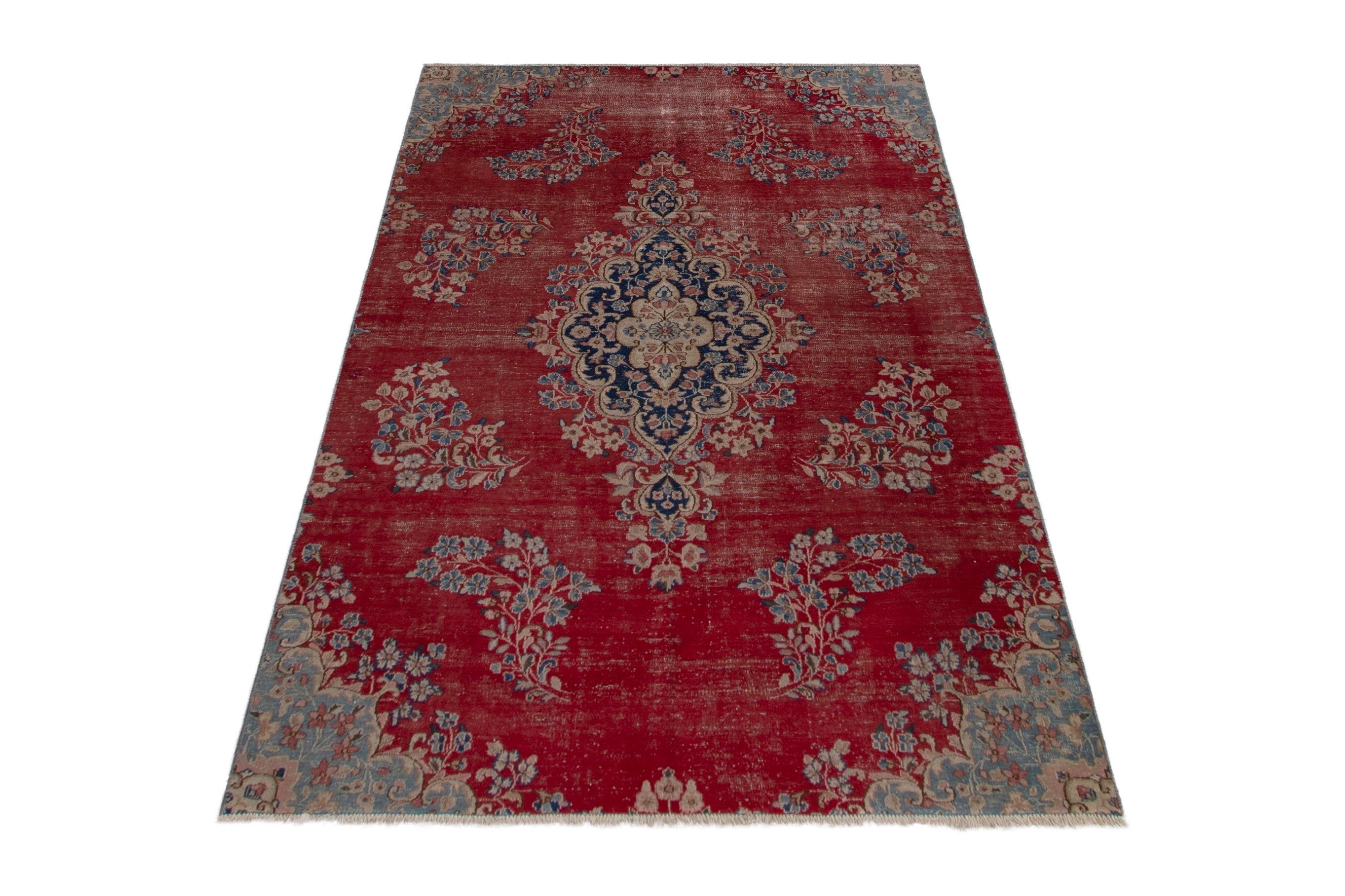 Persian Kerman area rug in deep red and dusty blue, view 2 of 20